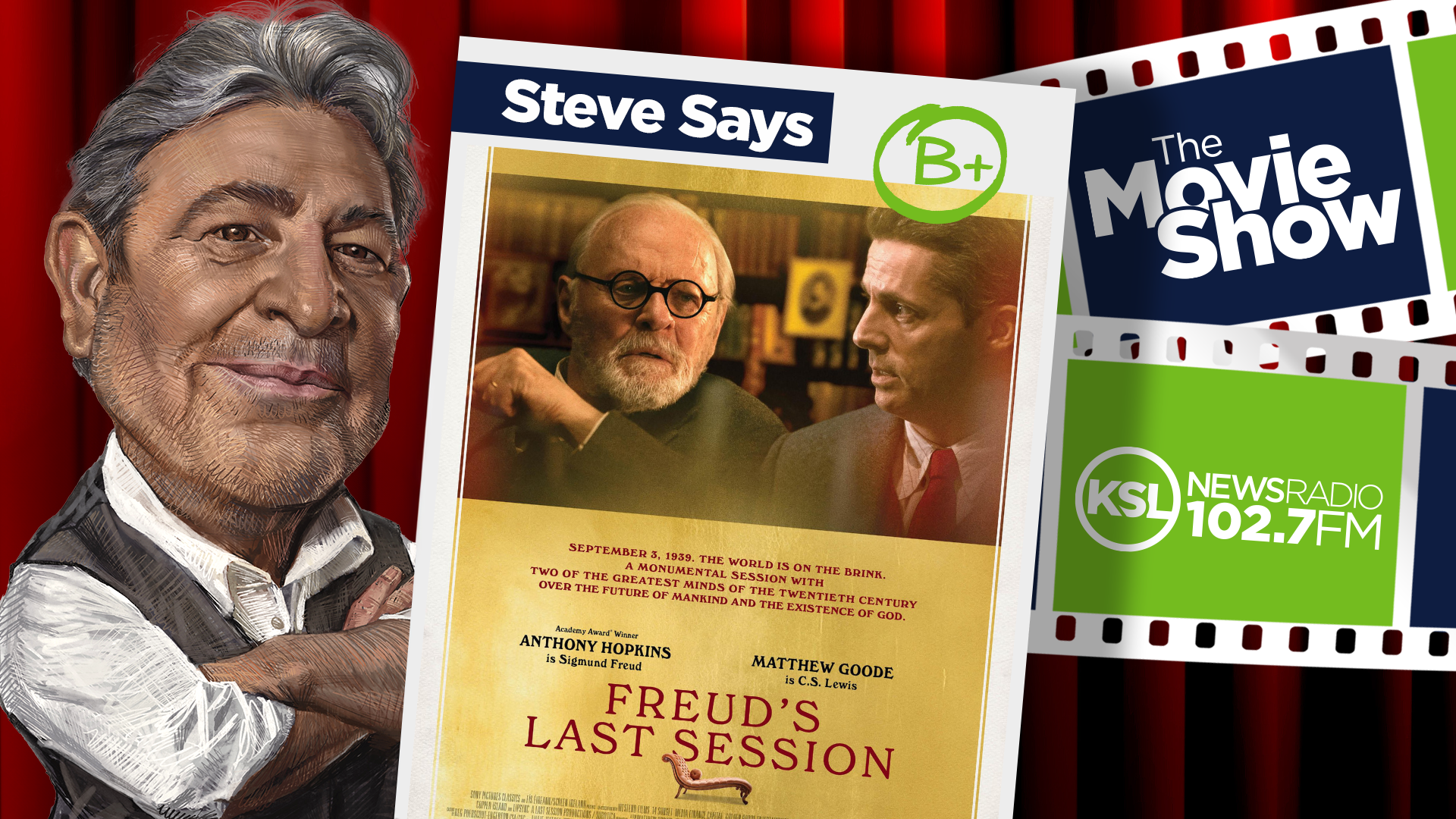 Caricature image of KSL movie reviewer Steve Salles alongside the poster for 'Freud's Last Session'...