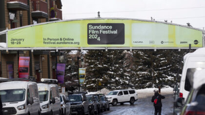 Signs for the 40th edition of the Sundance Film Festival are seen in Park City on Jan. 15, 2024. The 10-day festival will premiere films and episodic content, in addition to hosting panel discussions and events.