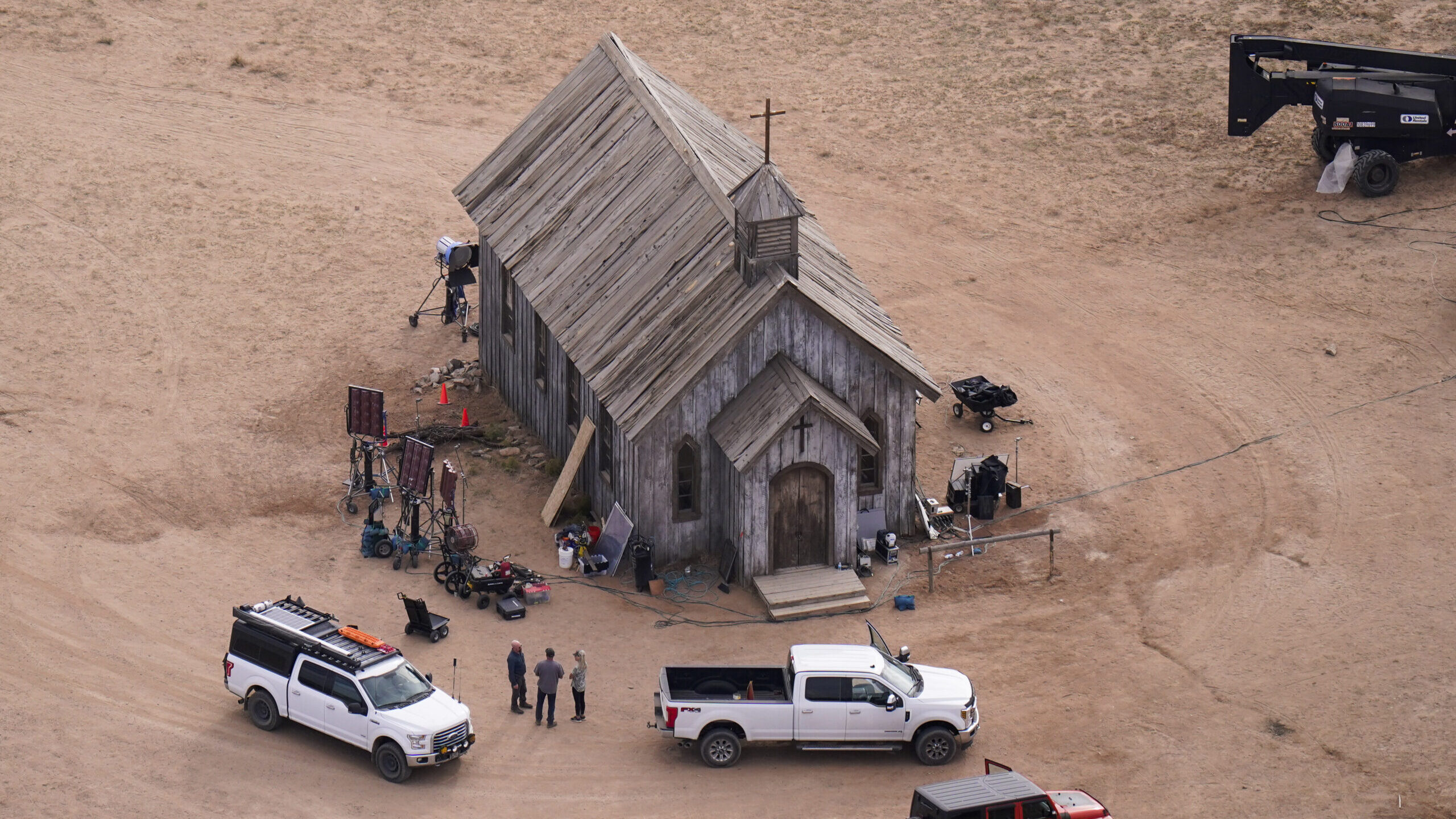 This aerial photo shows part of the Bonanza Creek Ranch film set in Santa Fe, N.M., Oct. 23, 2021. ...