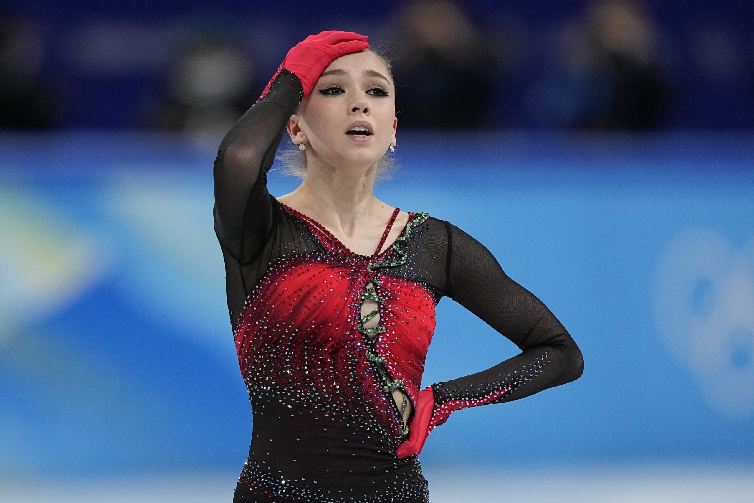 FILE - Kamila Valieva, of the Russian Olympic Committee, reacts in the women's team free skate prog...