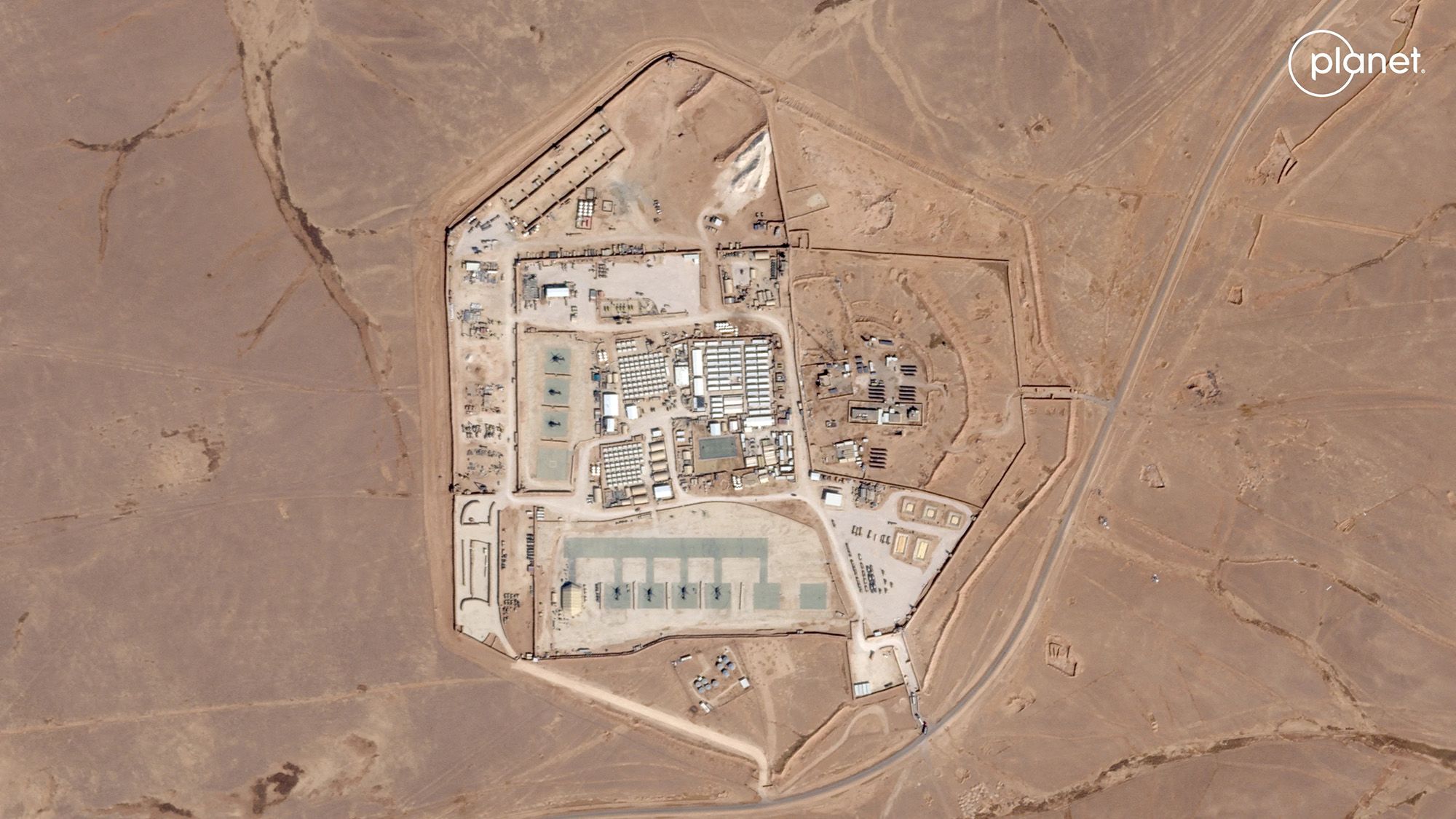 Pictured is satellite view of the U.S. military outpost known as Tower 22, in Rukban, Rwaished Dist...