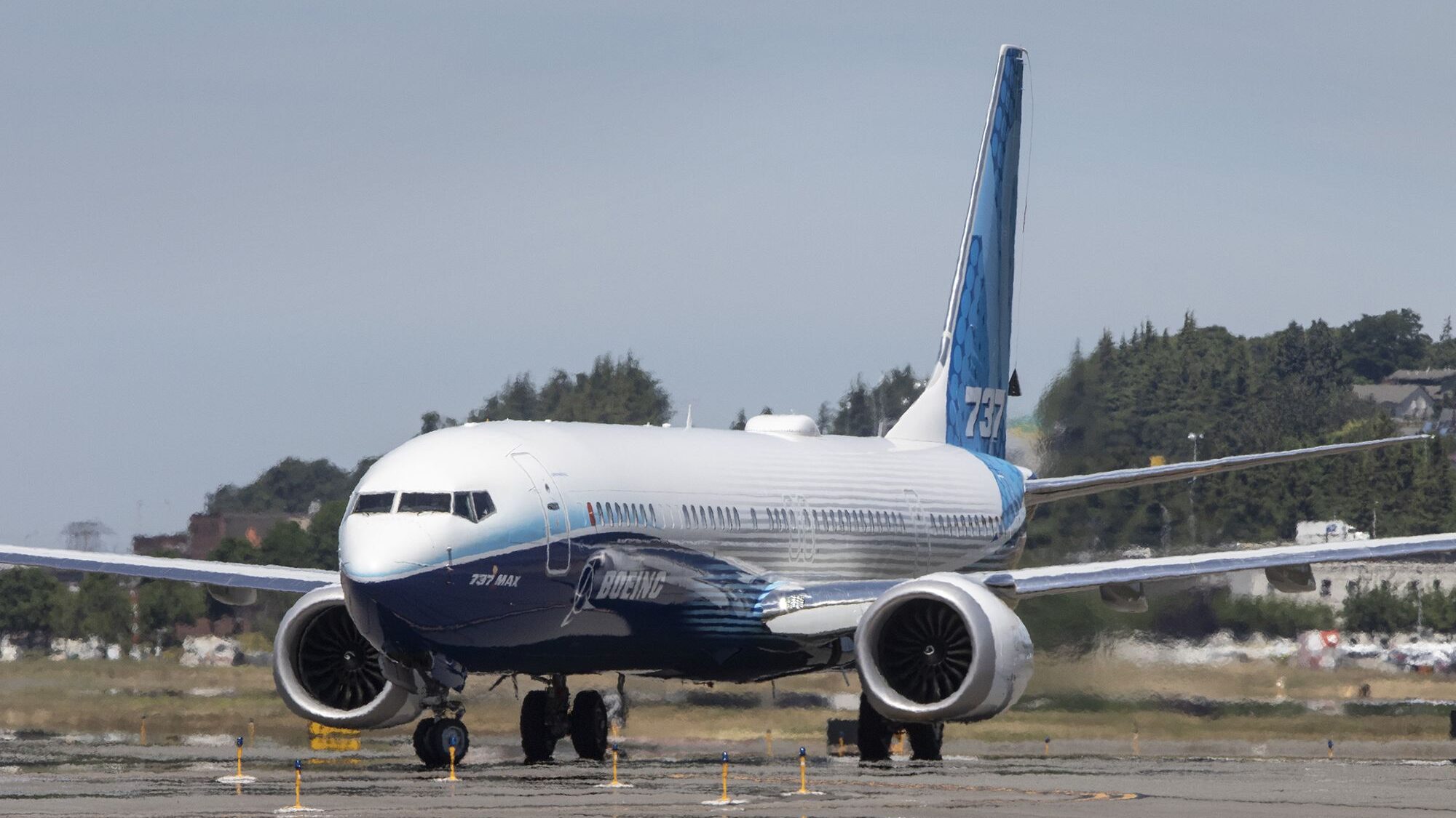 A Boeing 737 MAX 10 airliner taxis at Boeing Field after its first flight on June 18, 2021 in Seatt...