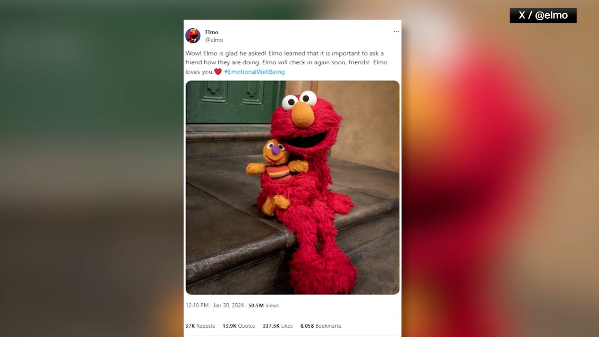 Elmo asked people online how they were doing. (X/@elmo)...
