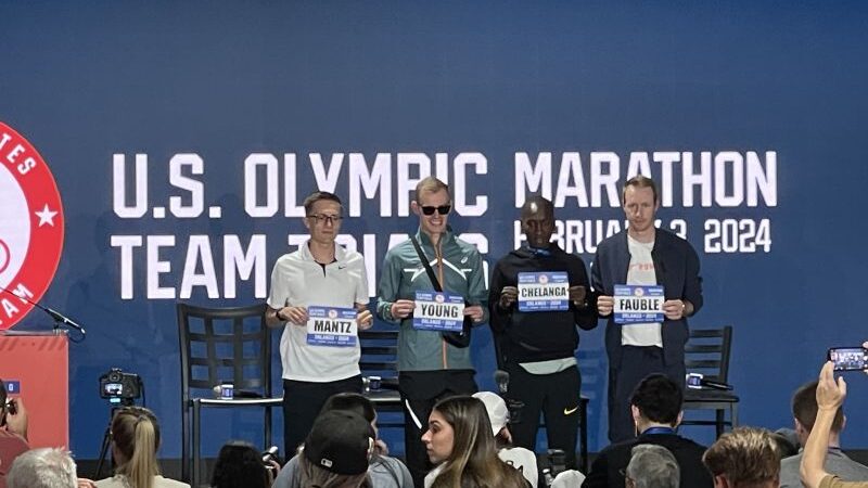 Former BYU harriers Clayton Young Mantz at a pre-race news conference at the U.S. Olympic marathon ...