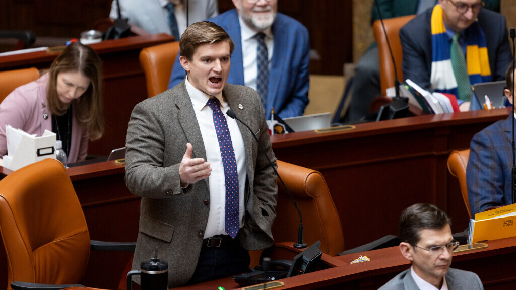 Rep. Tyler Clancy, R-Provo, speaks about HB261 at the Capitol in Salt Lake City on Friday, Jan. 19,...