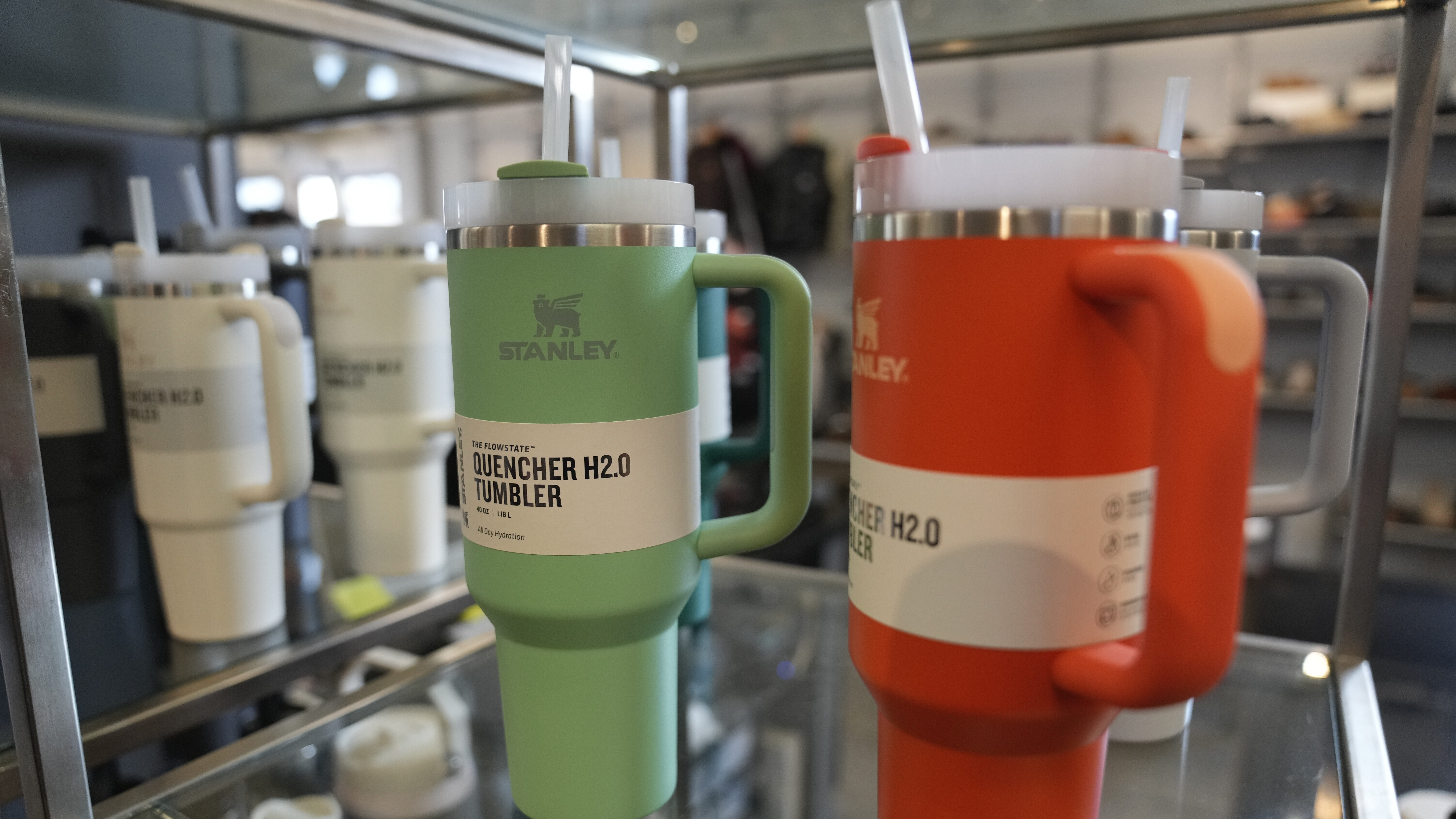 Stanley tumblers are seen for sale at the Footprint retail store in San Francisco, Thursday, Jan. 2...