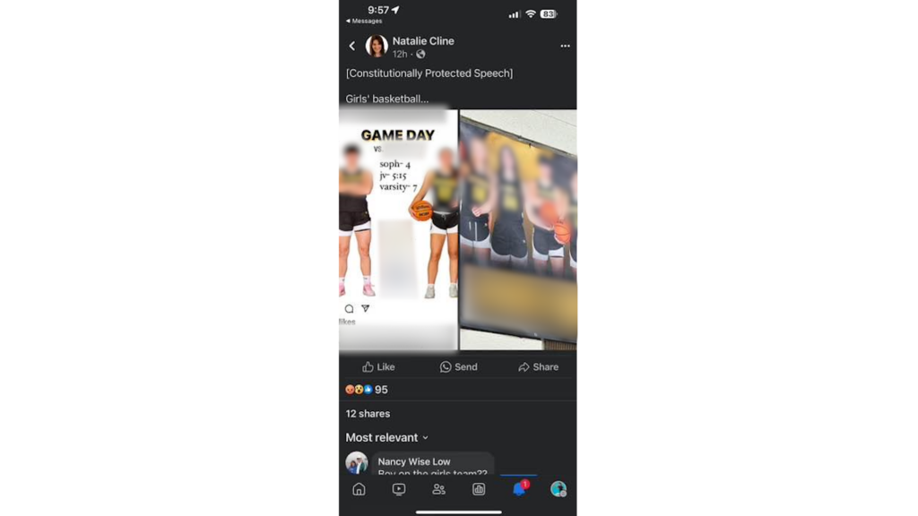 A screenshot shows a post from Natalie Cline including a picture of a student athlete that is captioned "Constitutionally protected speech. Girls' basketball..."
