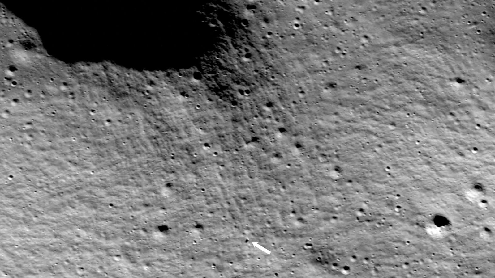 NASA's Lunar Reconnaissance Orbiter captured this image of the Intuitive Machines Nova-C lander, al...