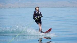 Dwan Jacobsen Young waterskis. (Photo courtesy of Jeff Young)