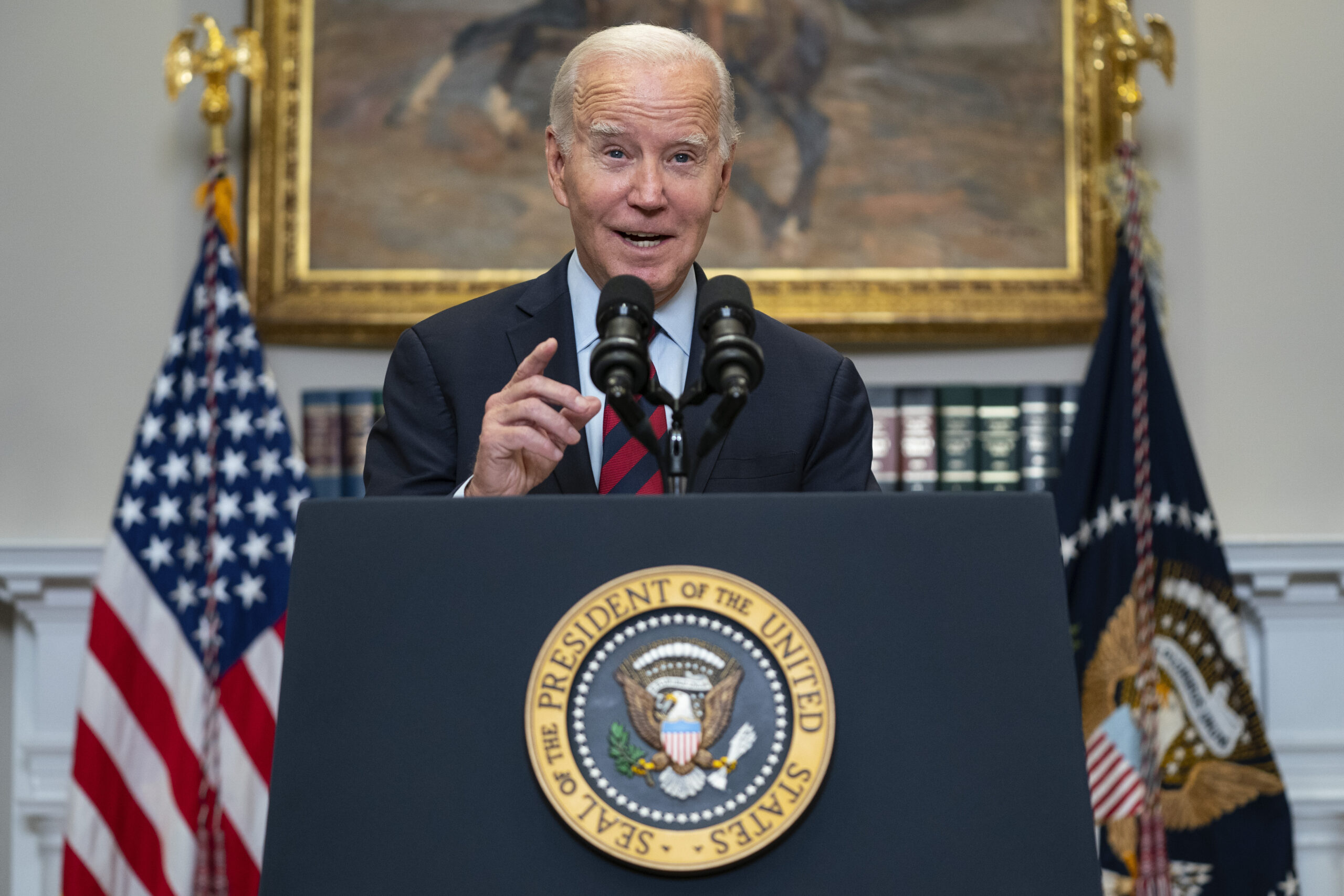 FILE - President Joe Biden speaks on student loan debt forgiveness, in the Roosevelt Room of the Wh...