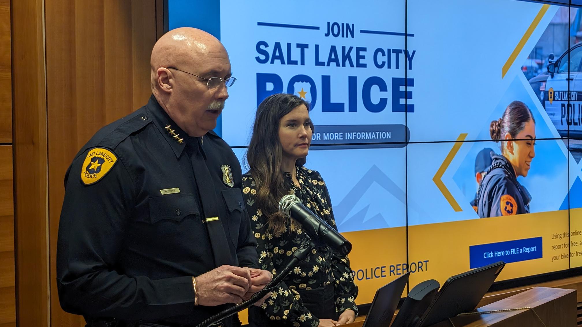 Salt Lake City Police Chief Mike Brown, left, and Salt Lake City Mayor Erin Mendenhall, right, anno...