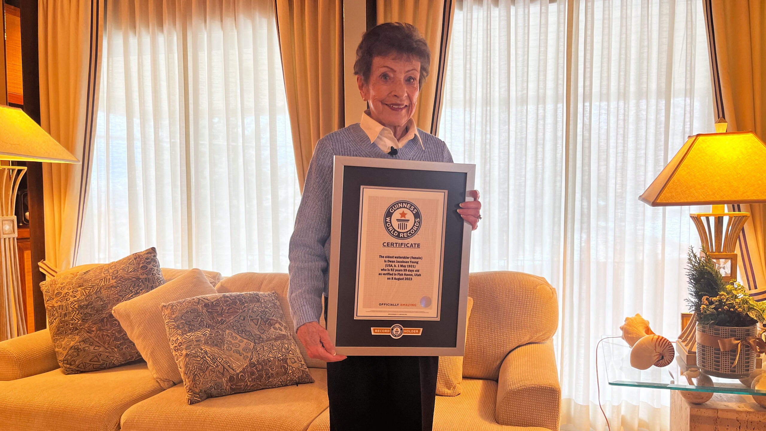 Dwan Jacobsen Young, 92, poses with her Guinness World Records plaque on February 5, 2024....
