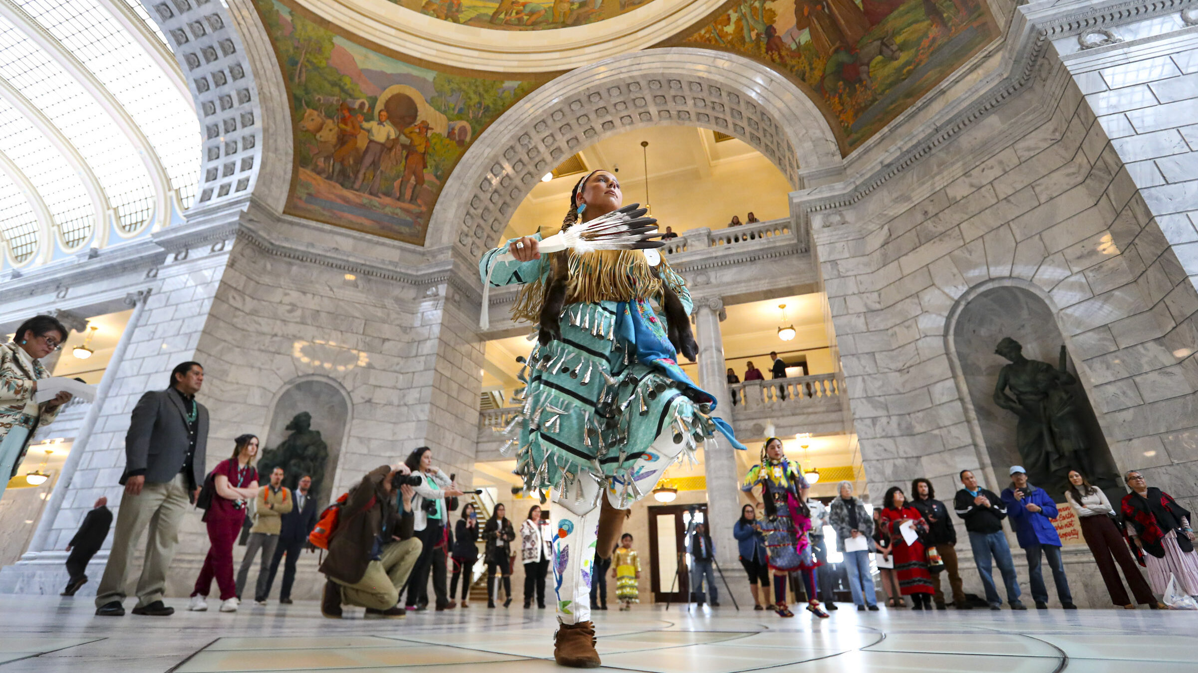 Tayler Gutierrez, of Sandy, performs the Jingle Dress dance during an event to raise awareness for ...