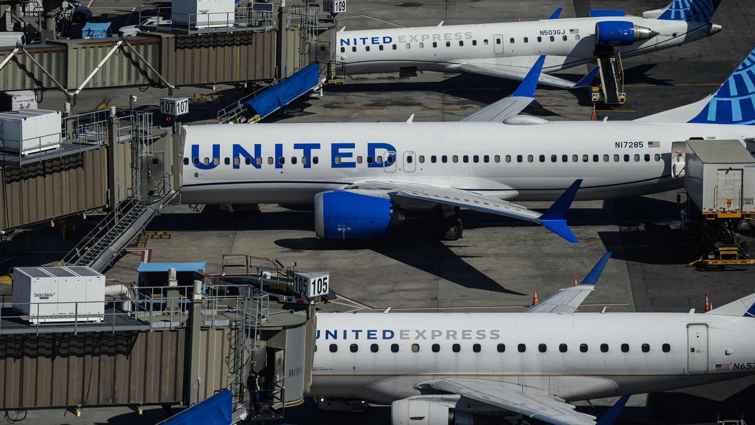 United Airlines aircrafts are parked at Newark Liberty International Airport in Newark, New Jersey,...