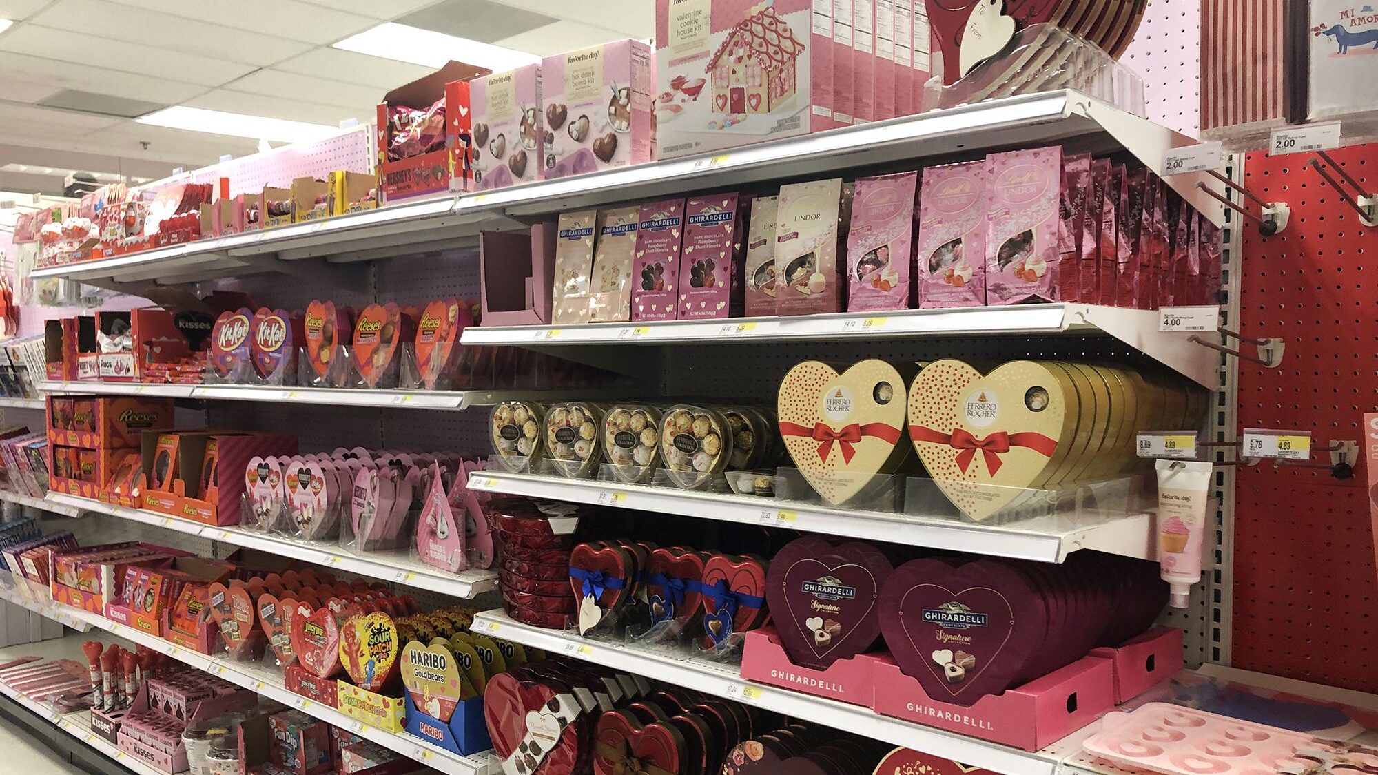 Heart-shaped gift boxes of chocolates in a Target store aisle in Queens, New York, are pictured her...