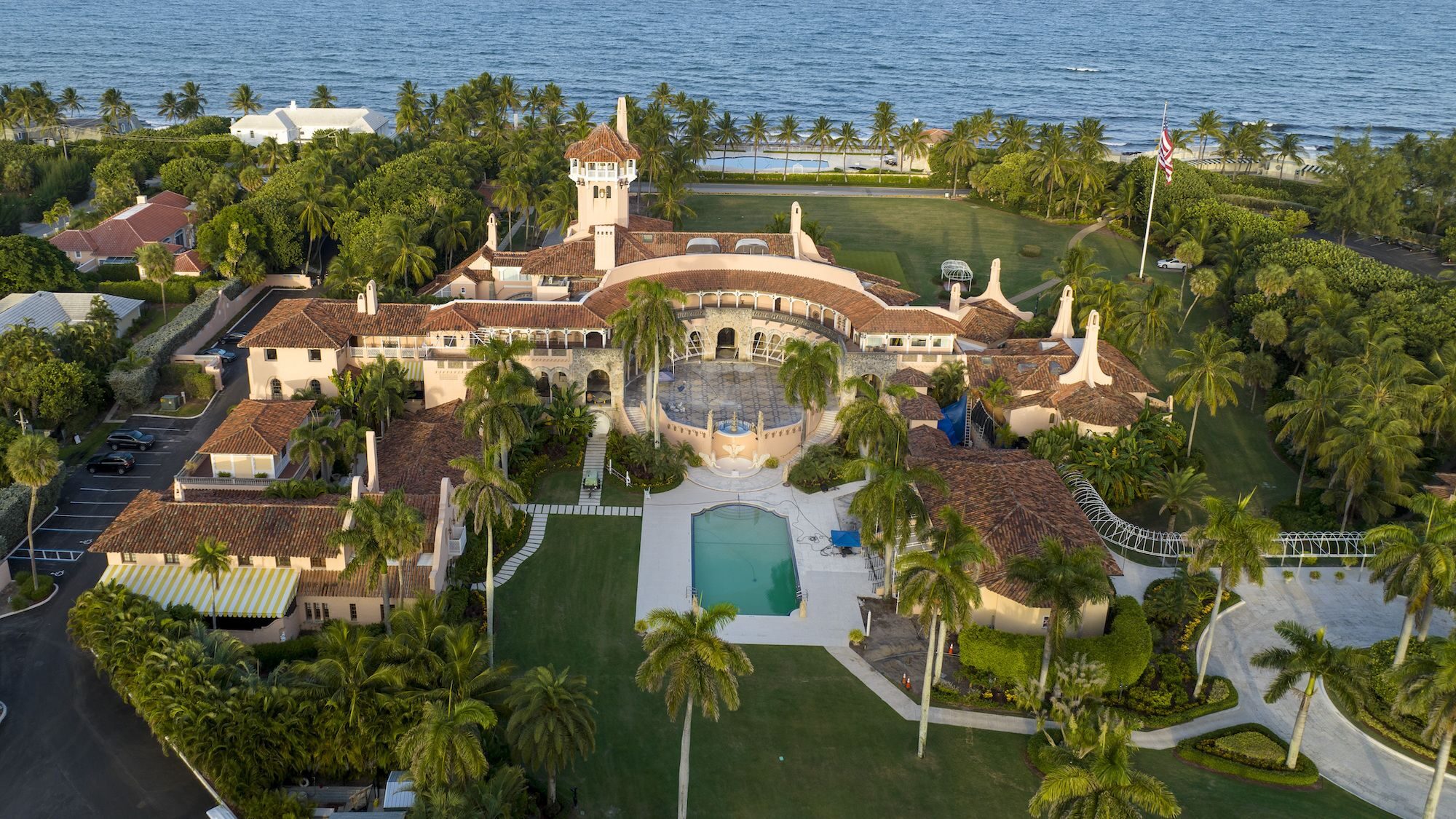 An aerial view of former President Donald Trump's Mar-a-Lago estate in Palm Beach, Florida. Mandato...