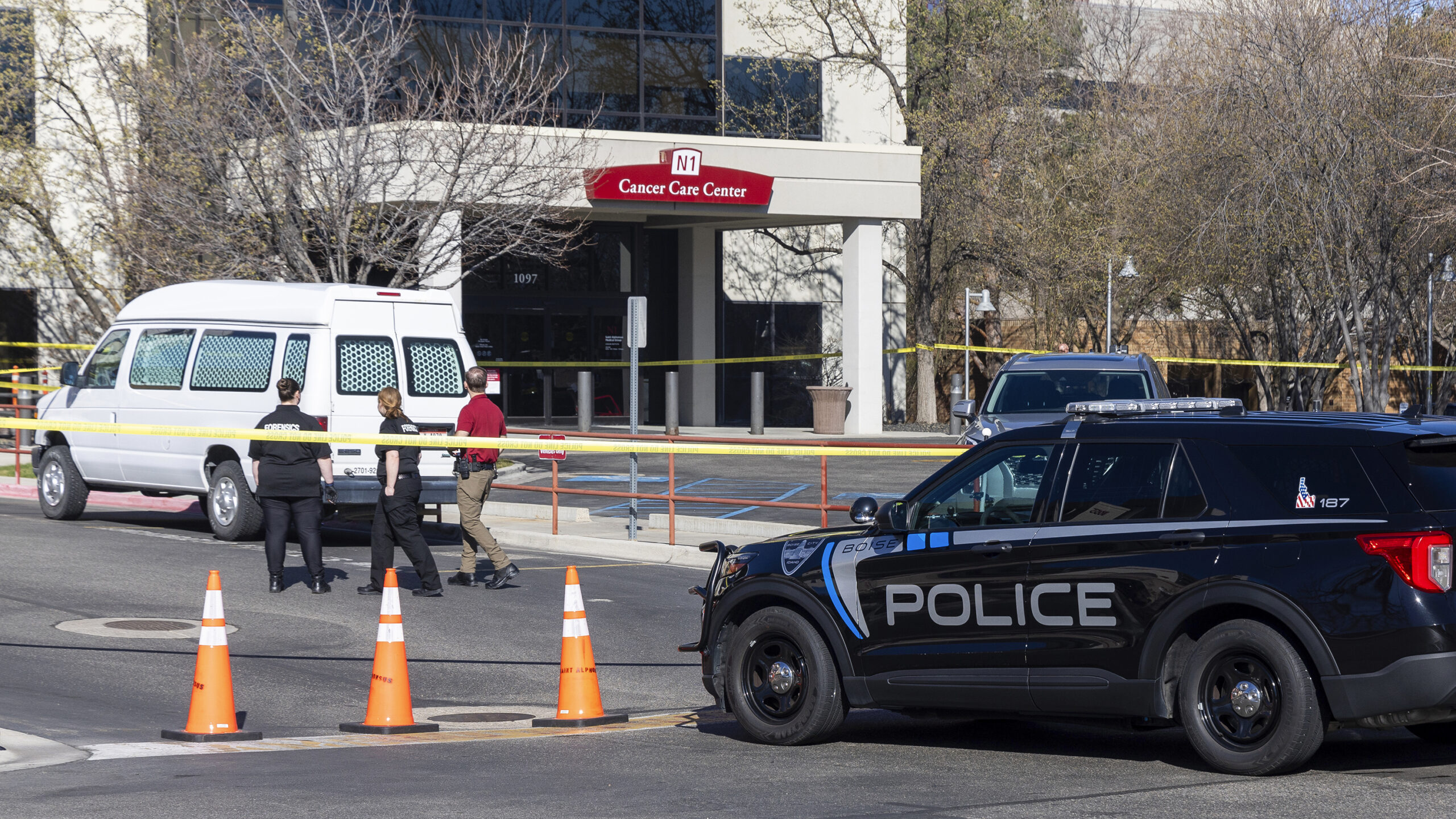 A police vehicle is parked outside Saint Alphonsus Regional Medical Center in Boise, Idaho, on Wedn...