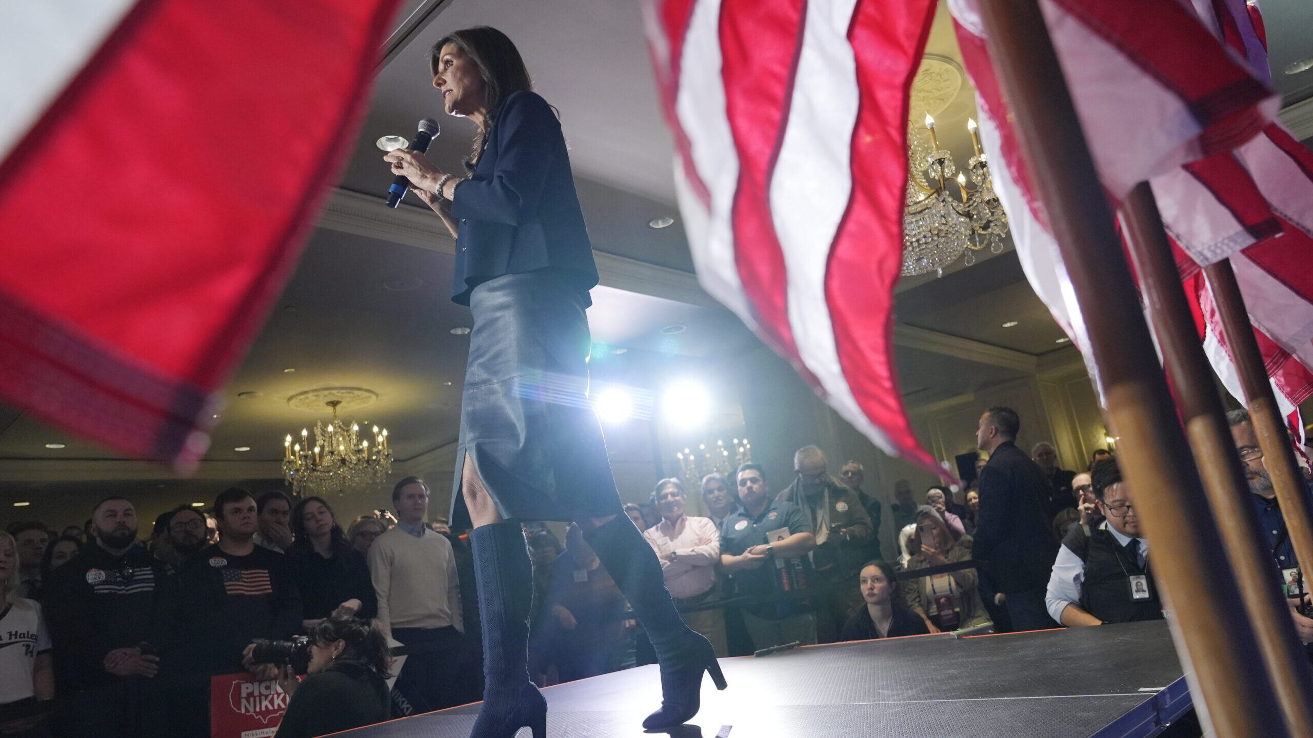 Republican presidential candidate former UN Ambassador Nikki Haley speaks at a Republican campaign ...