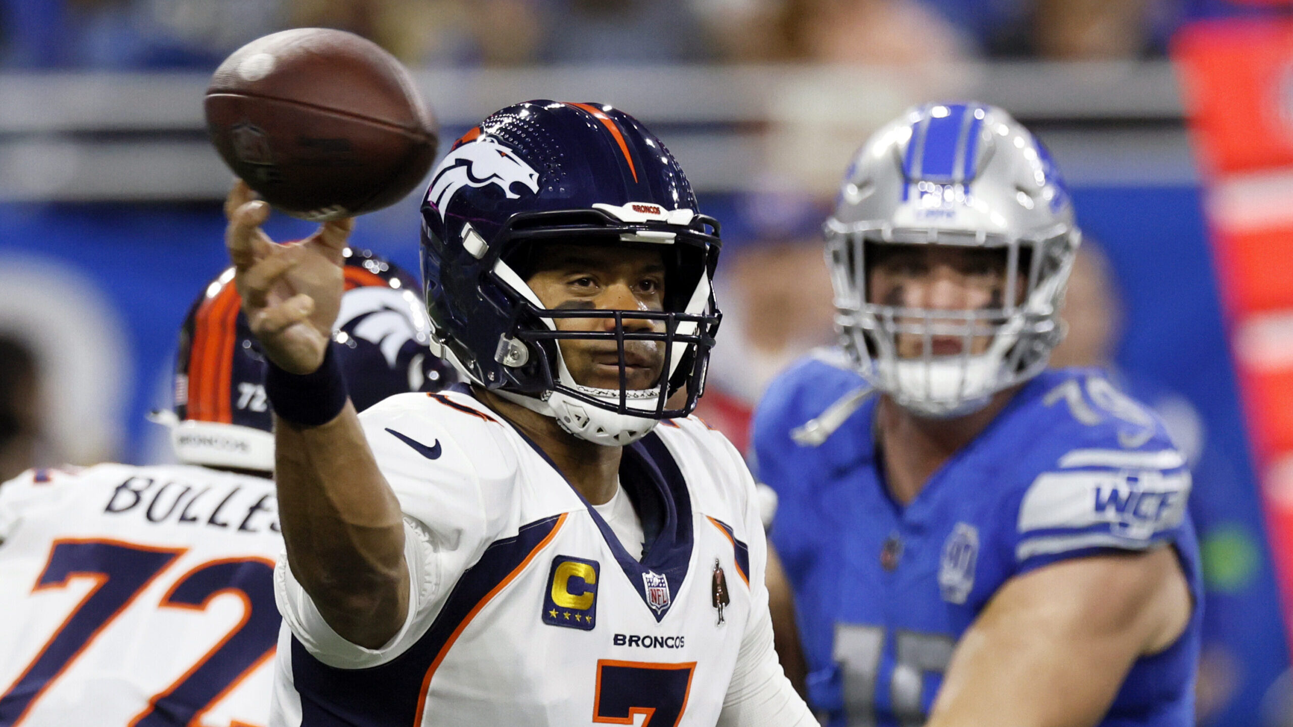 Denver Broncos quarterback Russell Wilson (3) throws during the first half of an NFL football game ...