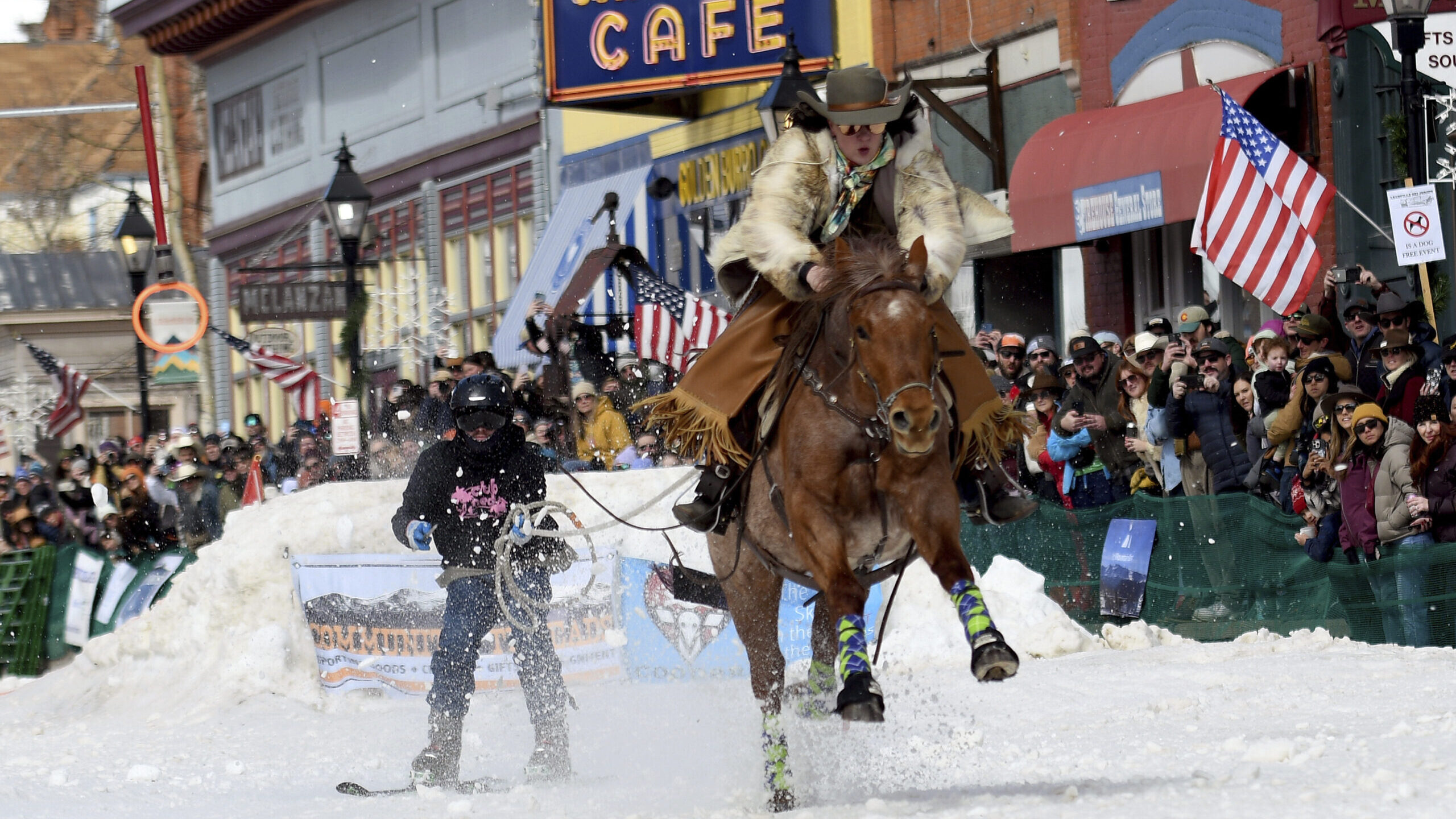 A skijoring team competes in Leadville, Colo., on Saturday, March 2, 2024....