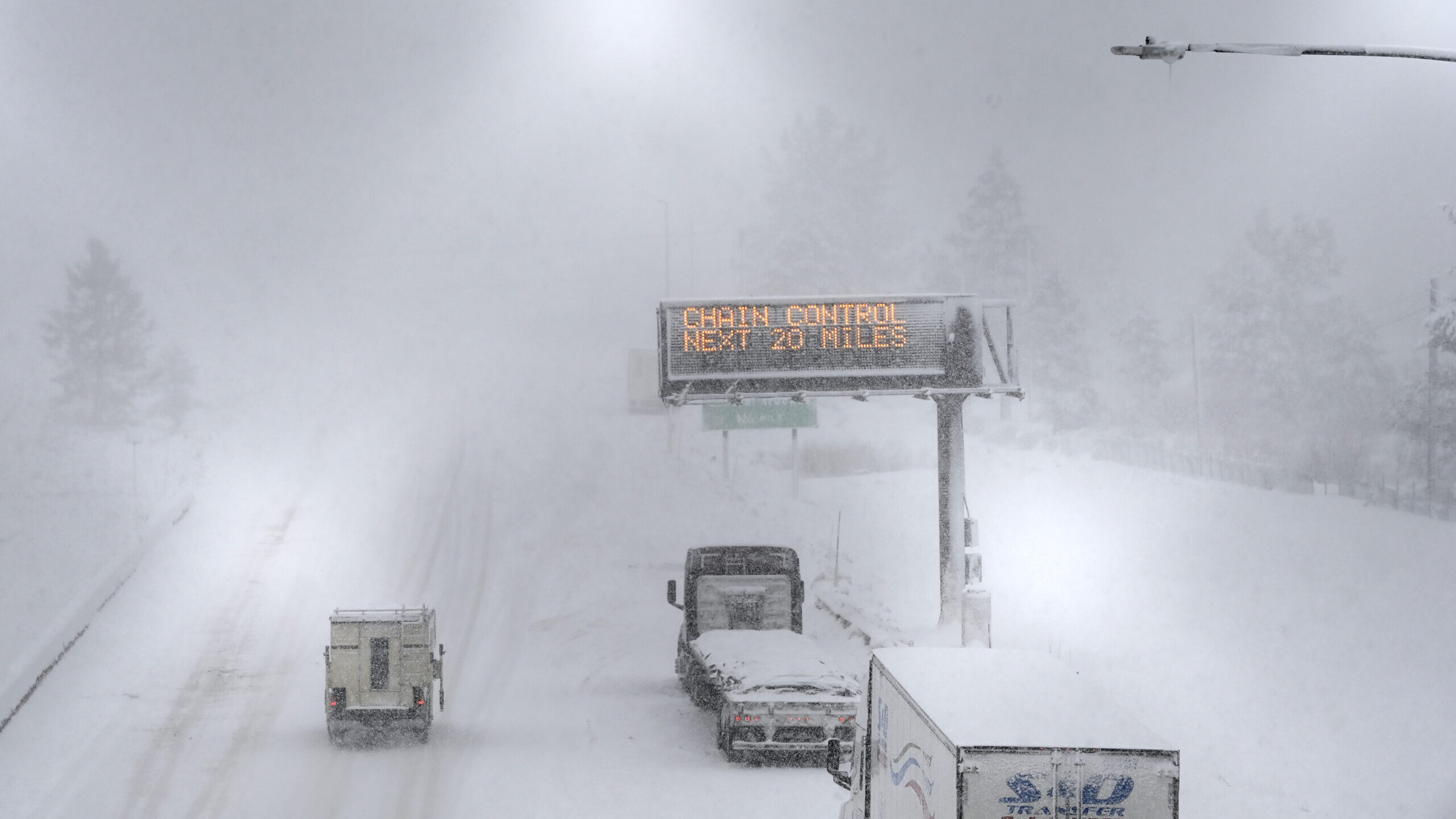 A lone camper truck moves north bound on the I-80 at the Donner Pass Exit on Friday, March 1, 2024,...