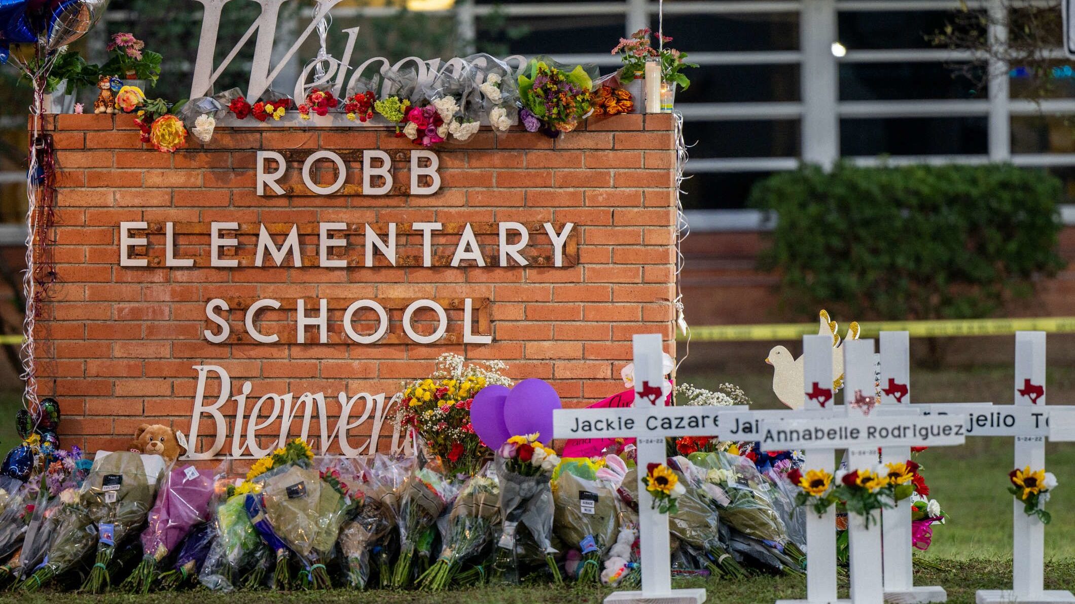 A memorial dedicated to the victims of the mass shooting at Robb Elementary School in Uvalde, Texas...