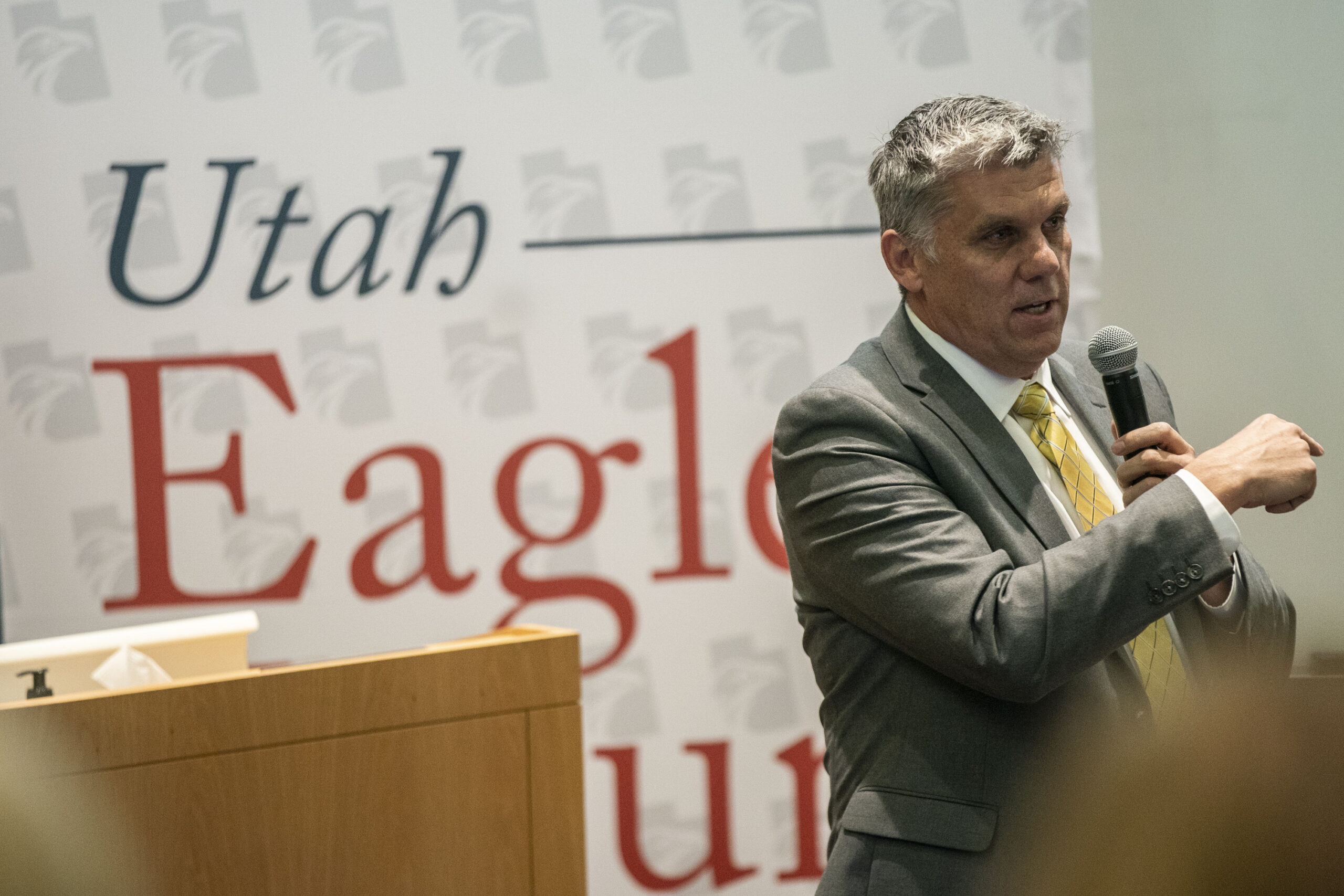 Rep. Phil Lyman, R-Blanding, speaks during the Utah Eagle Forum's annual conference at Salt Lake Co...