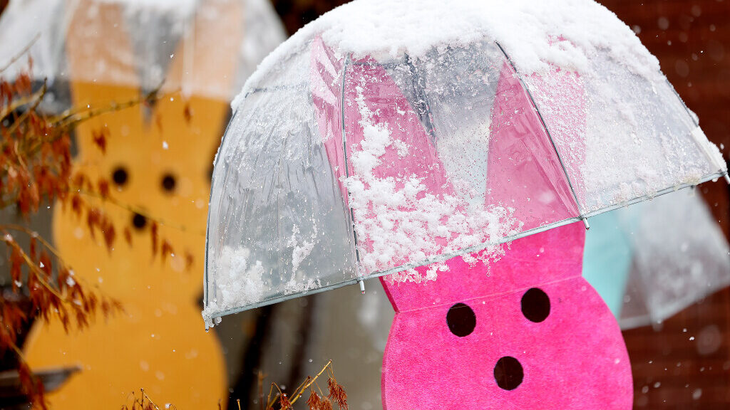 Easter decorations receive a new coating of snow in Salt Lake City on Thursday, March 30, 2023....