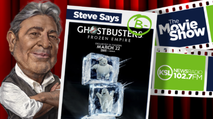 ghostbusters: frozen empire movie poster next to ksl movie show host steve salles