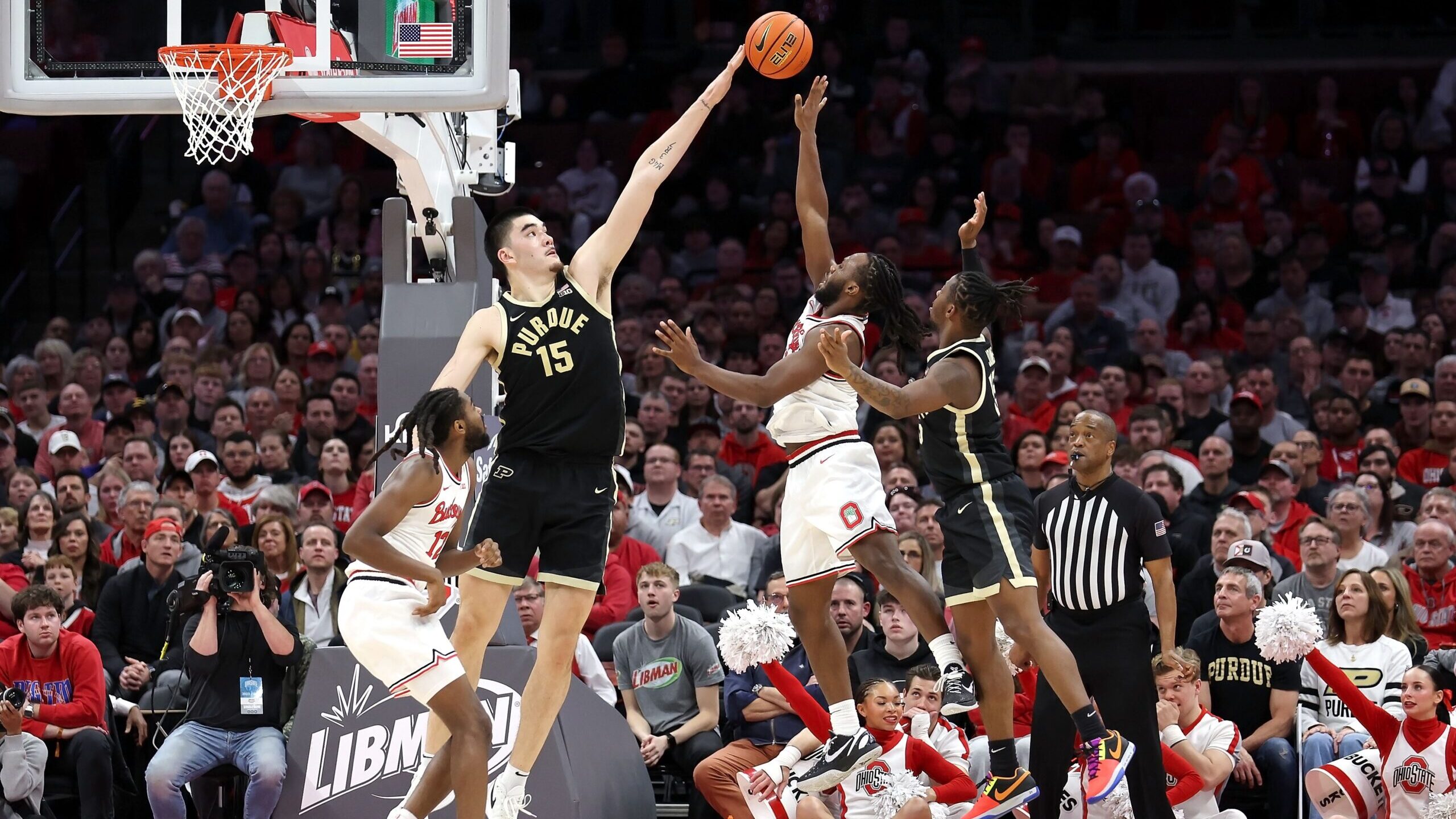 Zach Edey of the Purdue Boilermakers blocks a shot during the second half of a game against Ohio St...