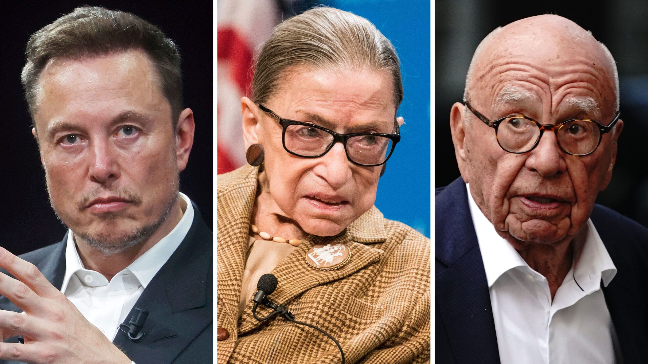 Elon Musk, Supreme Court Justice Ruth Bader Ginsburg and Rupert Murdoch are pictured in a split ima...