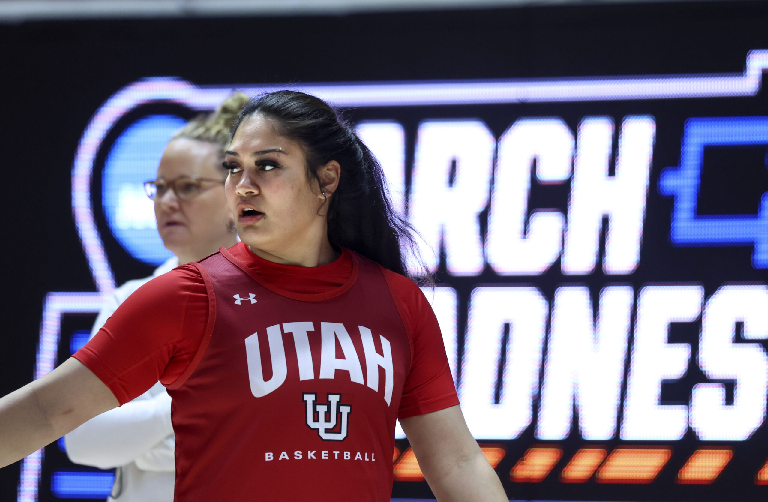 Utah’s Alissa Pili and head coach Lynne Roberts attend practice at the Jon M. Huntsman Center in ...
