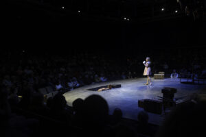 a person on stage at the new meldrum theatre