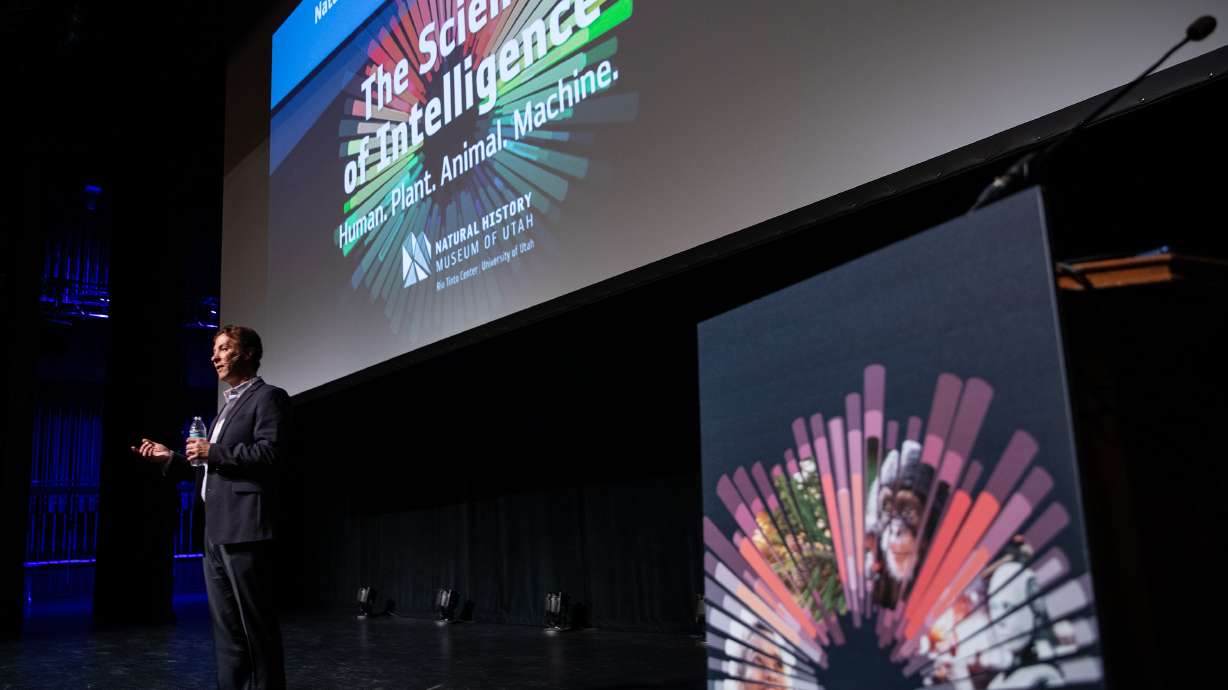 Neuroscientist David Eagleman speaks at the University of Utah's Kingsbury Hall on Tuesday as the k...
