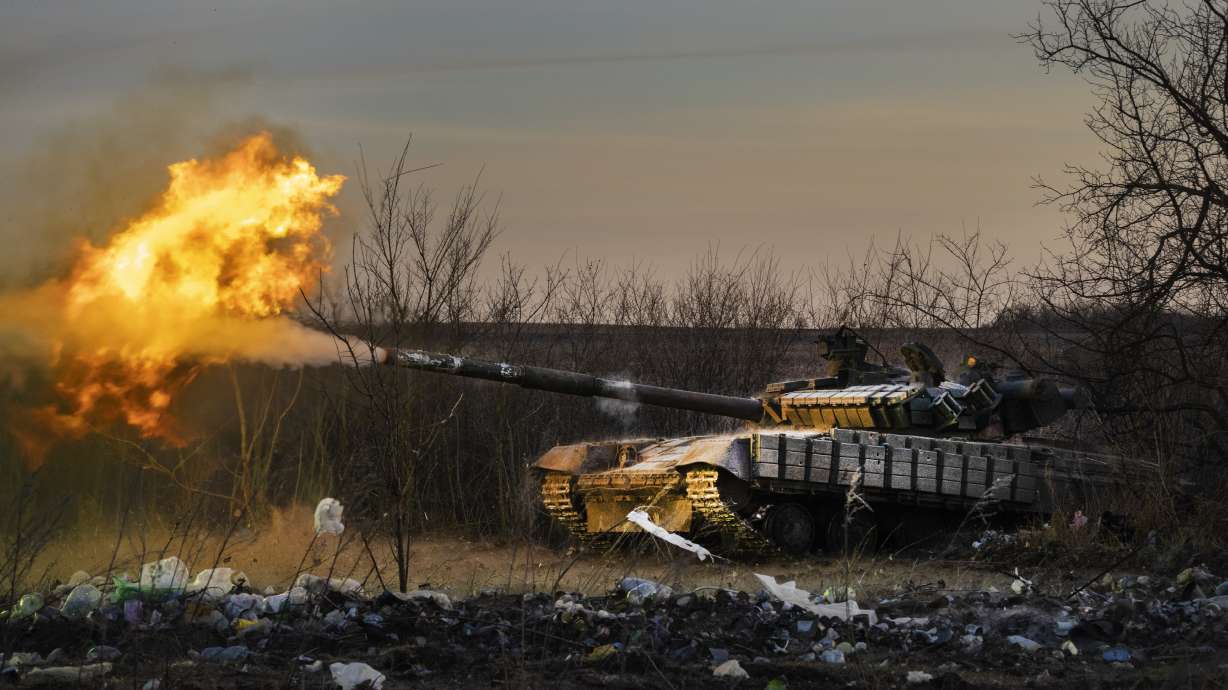 A Ukrainian tank fires in Chasiv Yar, the site of battles with the Russian troops in the Donetsk re...