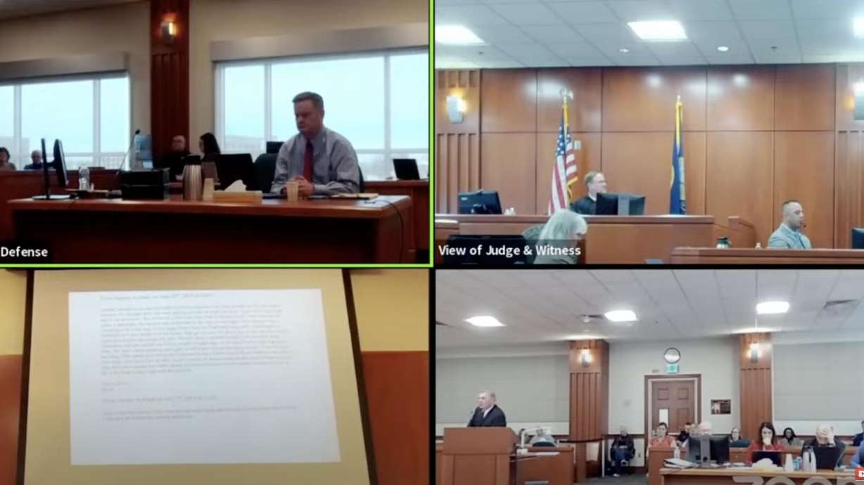 Various angles of the Ada County courtroom are shown via livestream during Chad Daybell's murder tr...