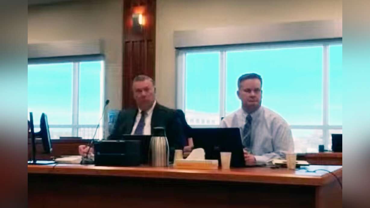 Chad Daybell, right sits next to his attorney, John Prior, during his murder trial in Boise on Frid...