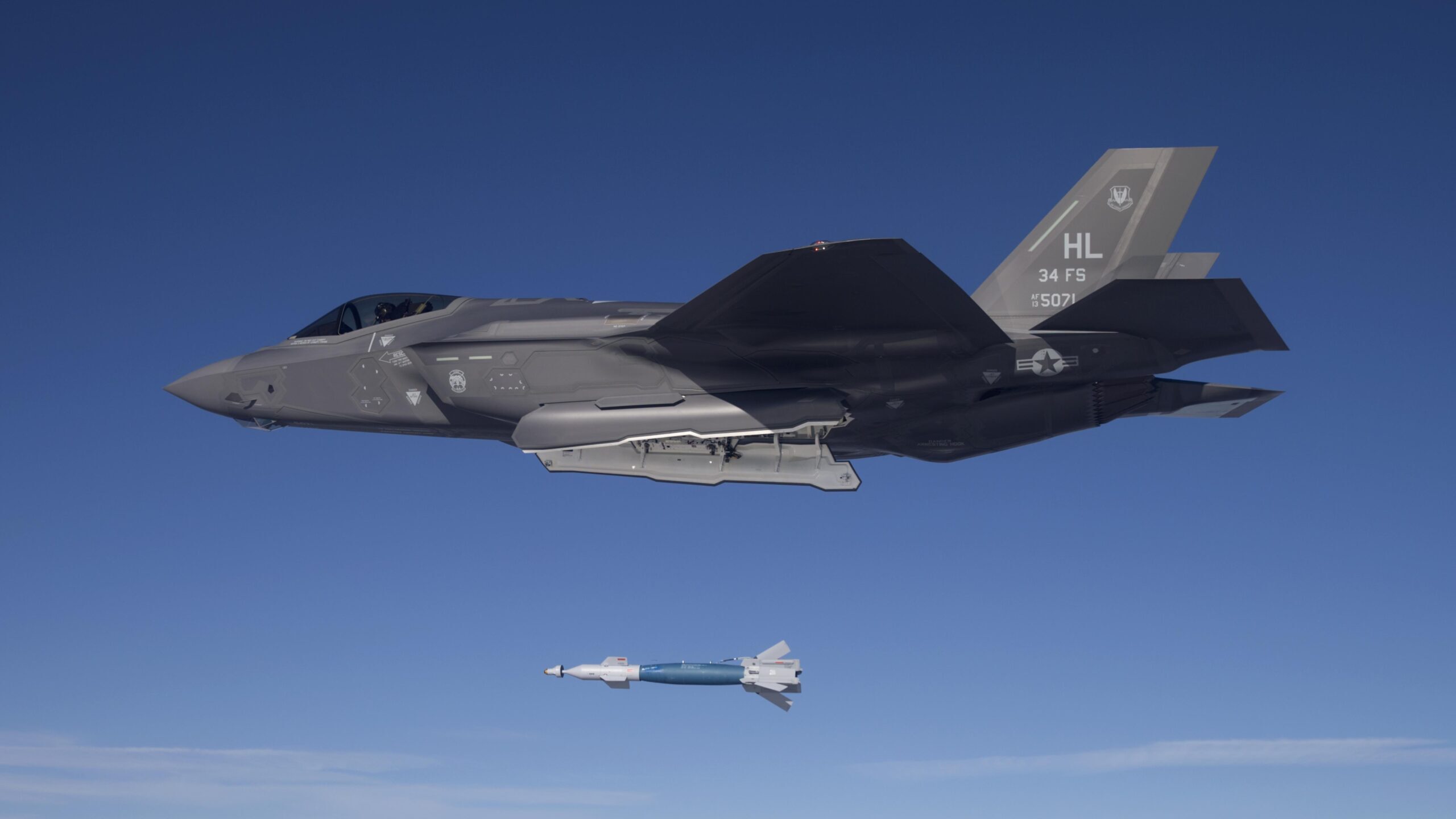 A bomb is dropped from a U.S. Air Force F-35A at the Utah Test and Training Range on Thursday, Feb....