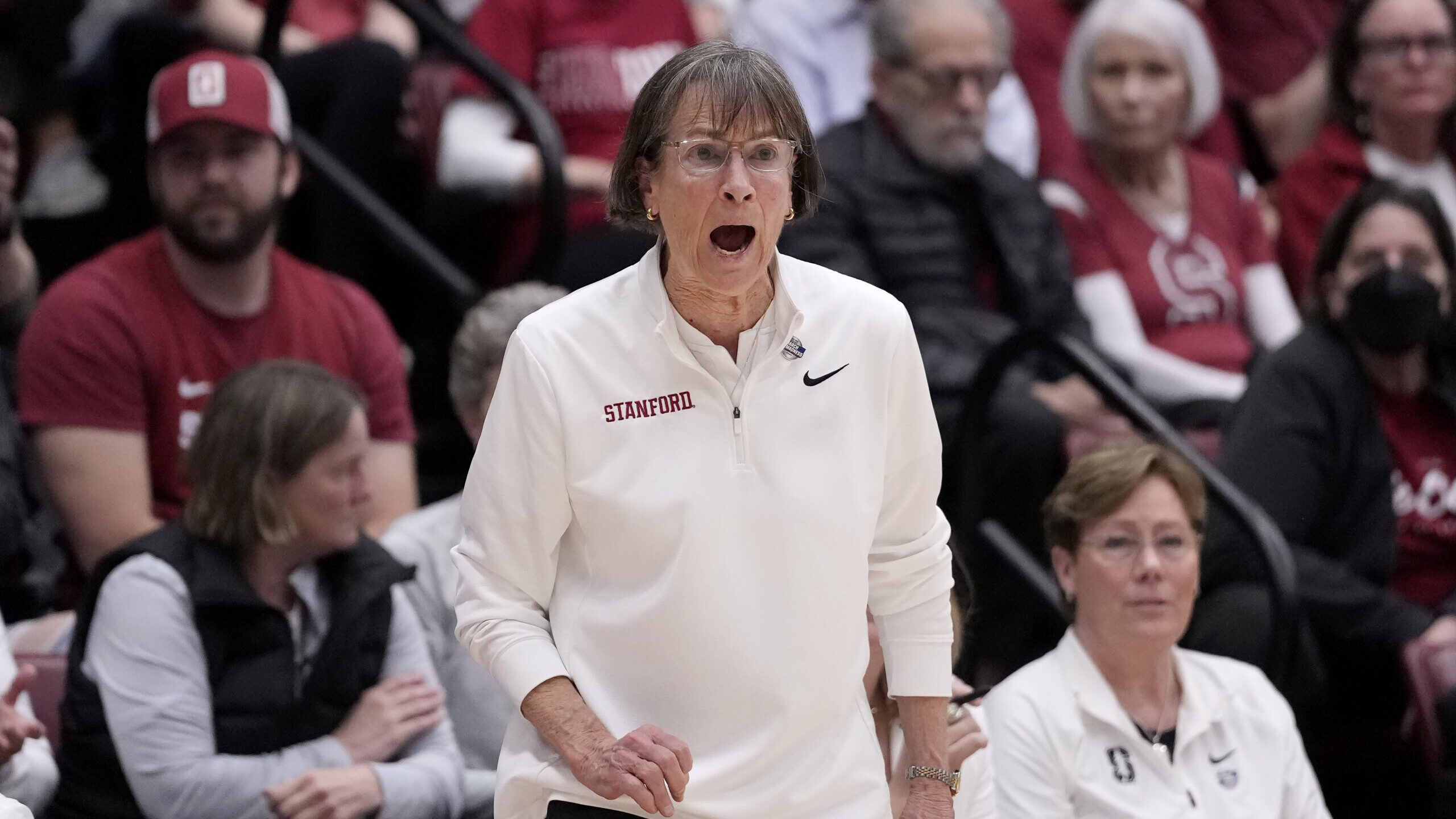 Stanford head coach Tara VanDerveer reacts toward players during the first half of the team's secon...