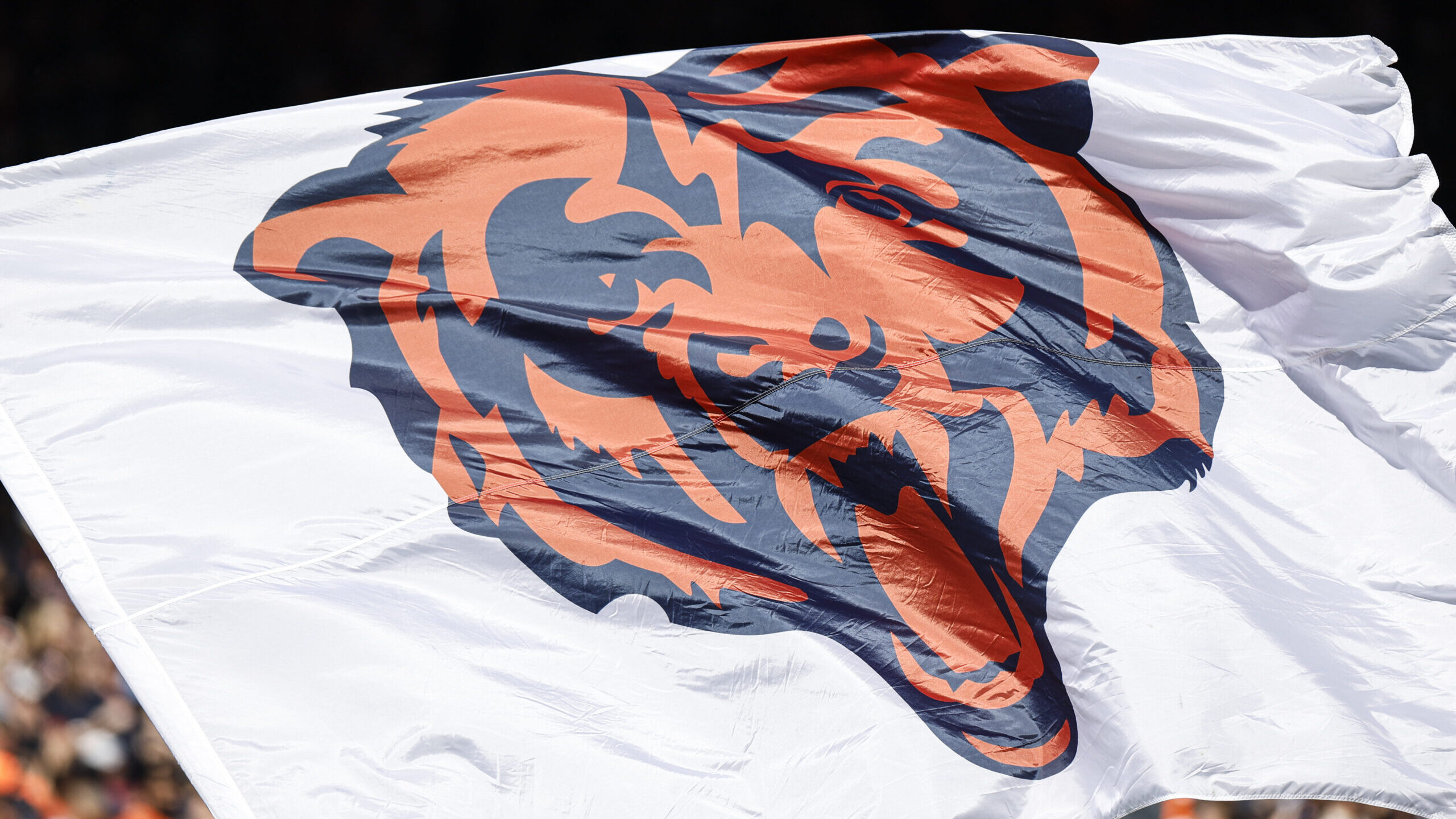 The Chicago Bears logo is pictured on a flag prior to an NFL football game...