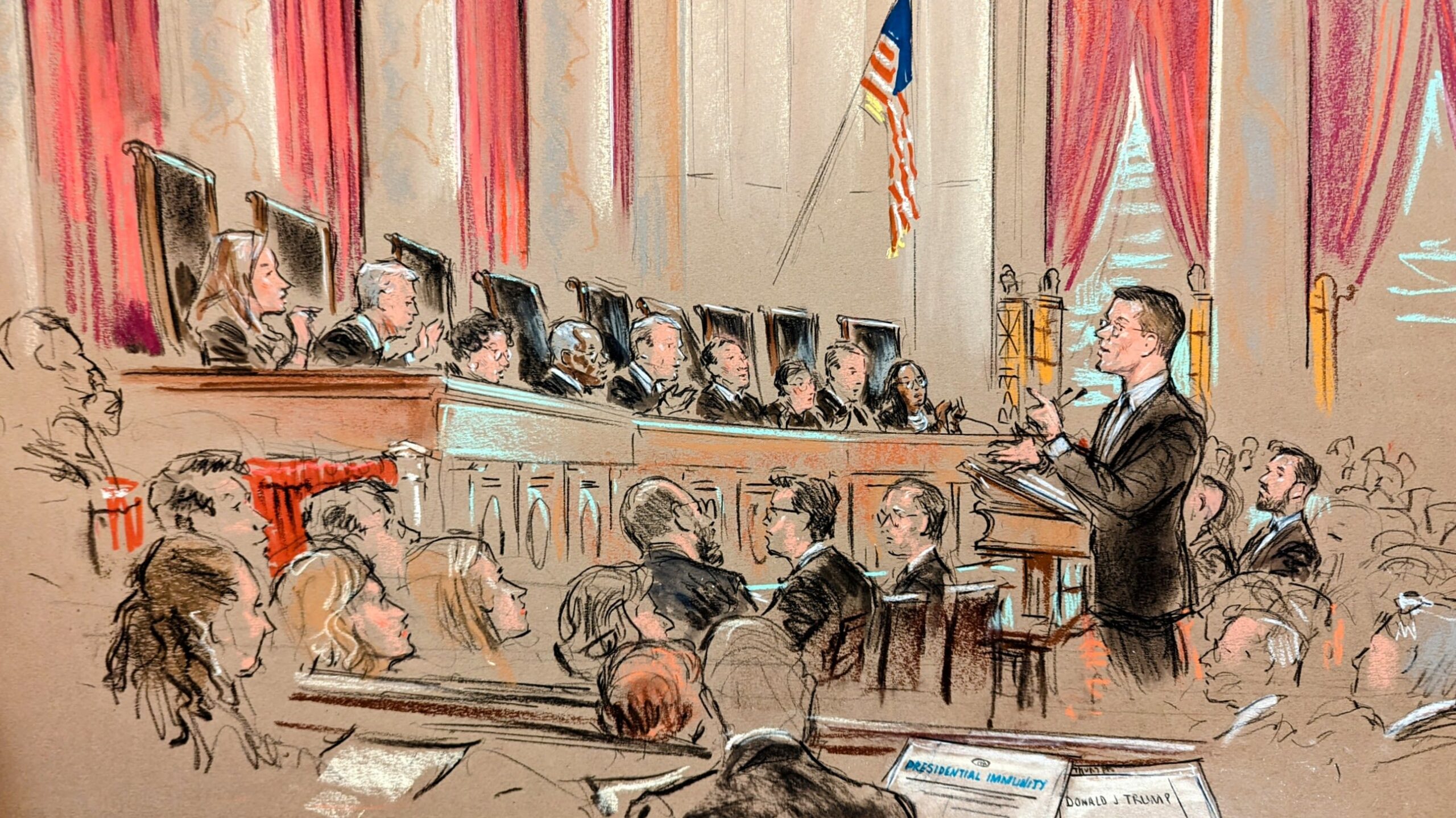 In this sketch from court, D. John Sauer argues before the US Supreme Court over whether former Pre...