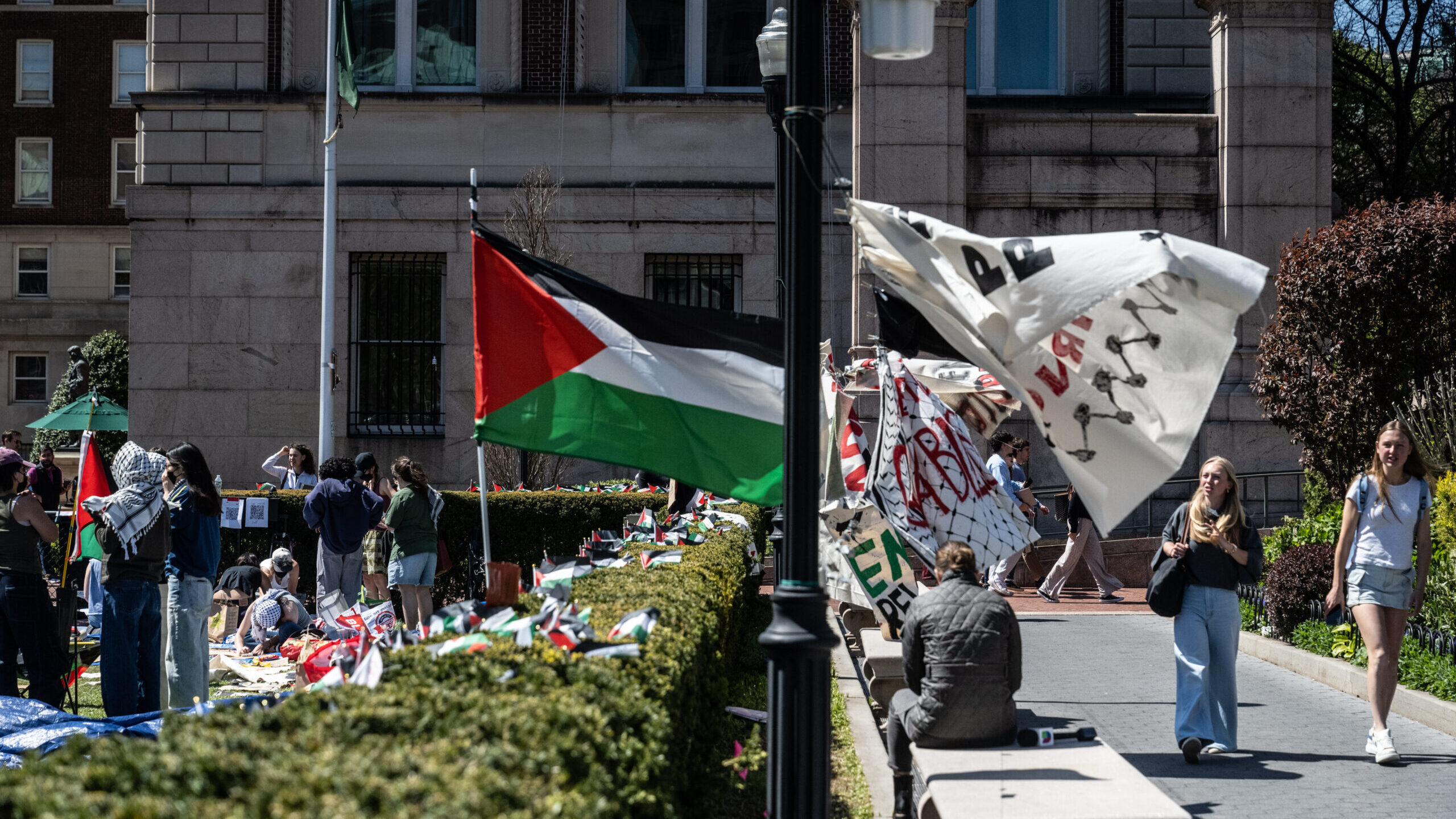Columbia University students participate in an ongoing pro-Palestinian encampment on their campus f...