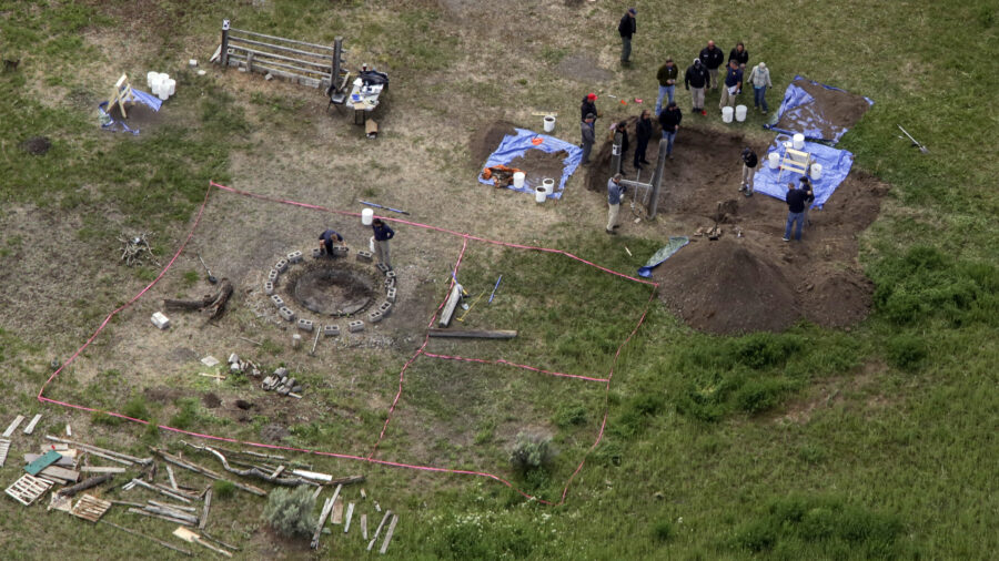 aerial photo, investigators search for human remains at Chad Daybell's residence in Salem, Idaho, o...
