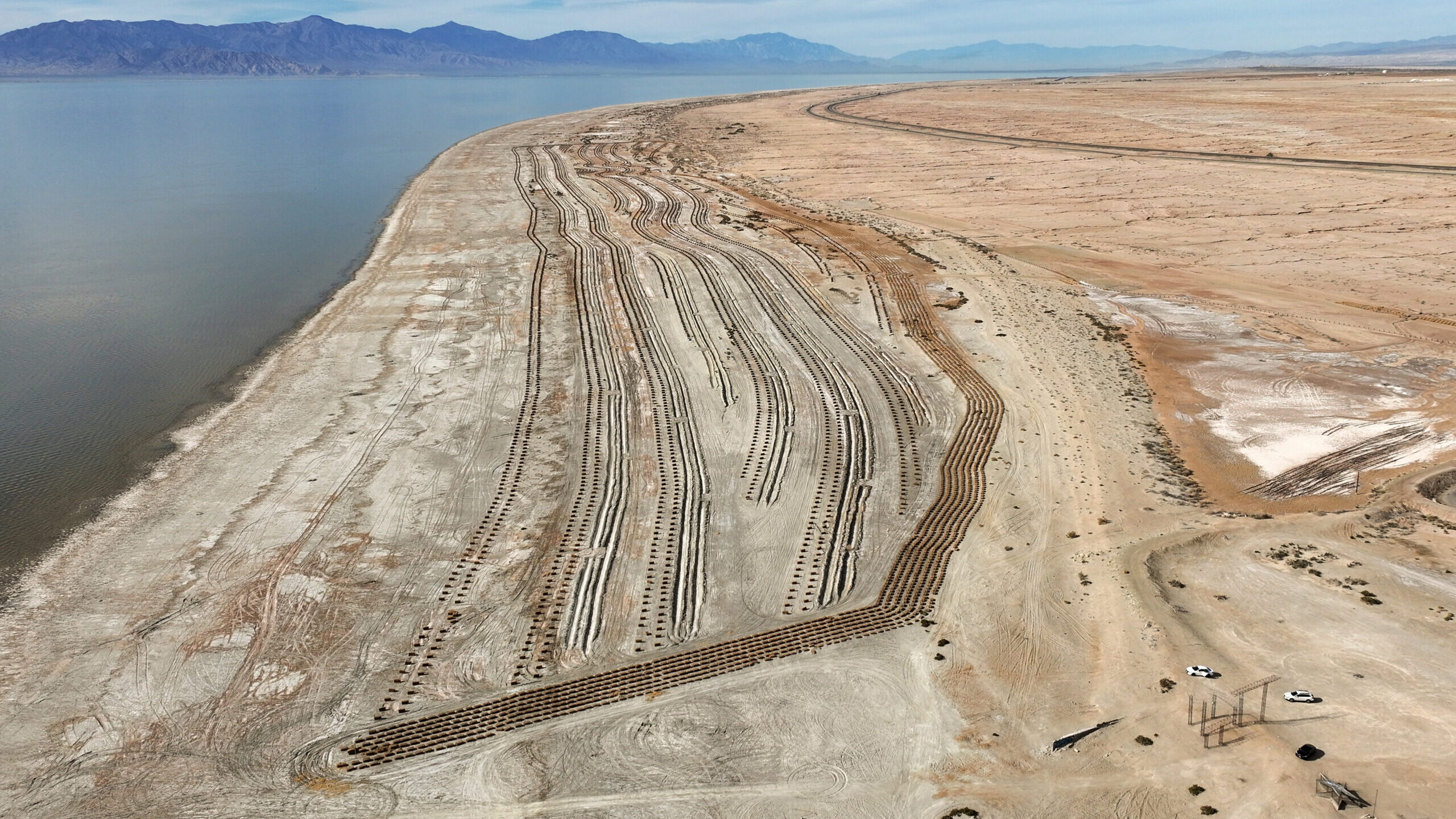 FILE: Hay bales used for dust mitigation in a Salton Sea Management Program project are pictured on...