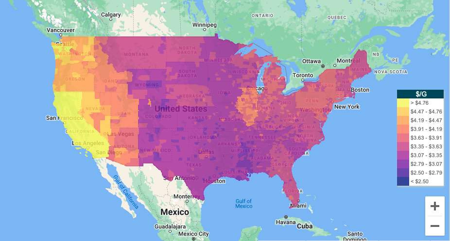 A map of gas prices in the United States. 