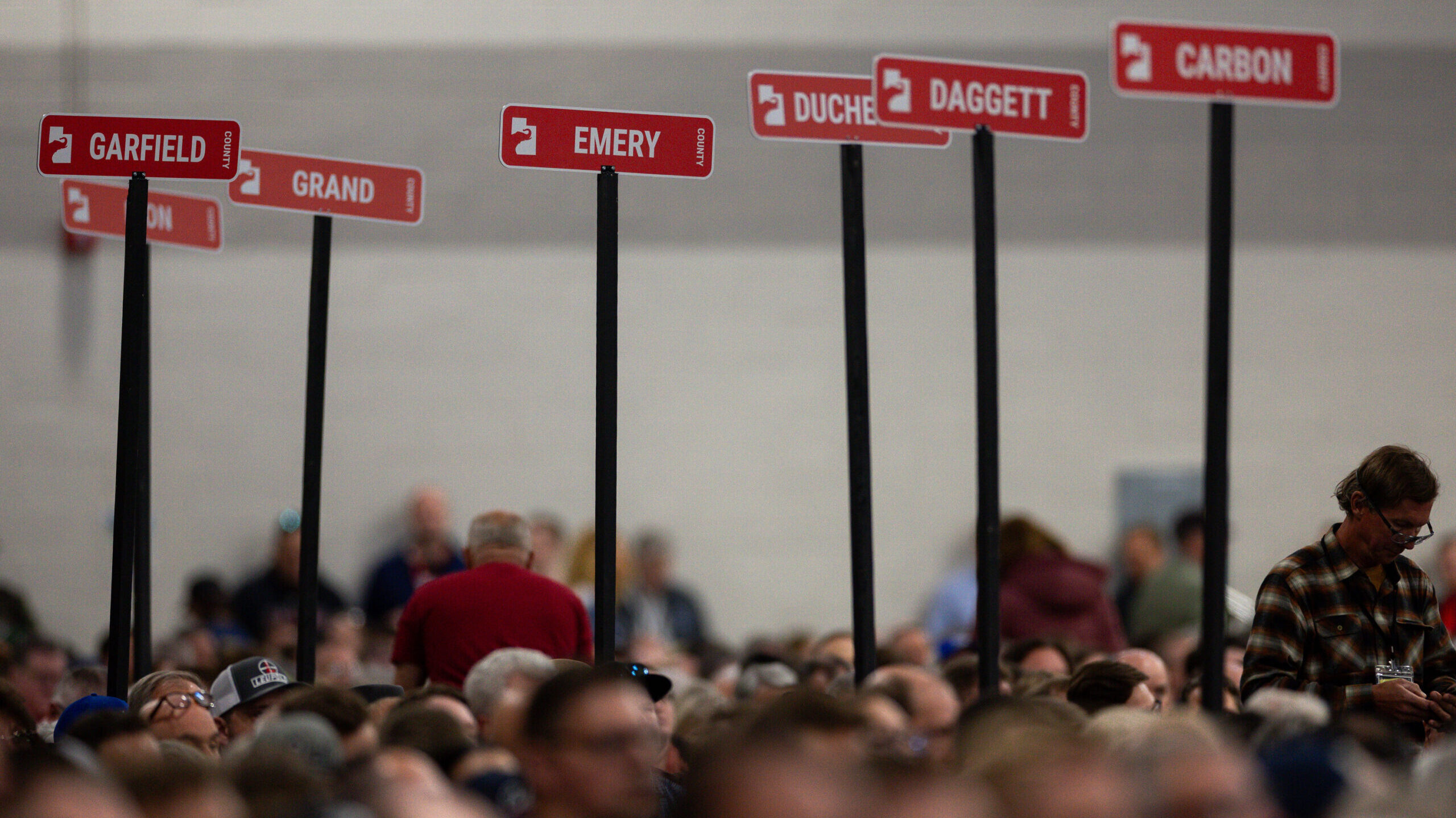 County signs are pictured at the Utah Republican Party state nominating convention. Layne Bangerter...