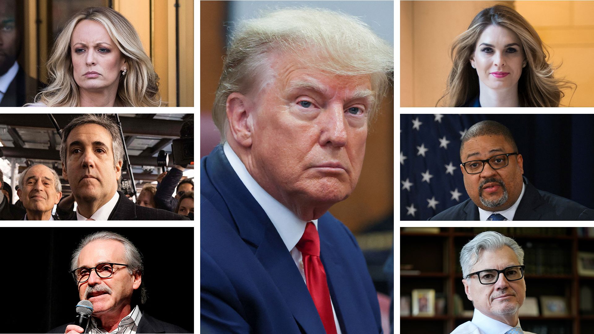 This composite image shows former President Donald Trump (center), Stormy Daniels (top left), Micha...