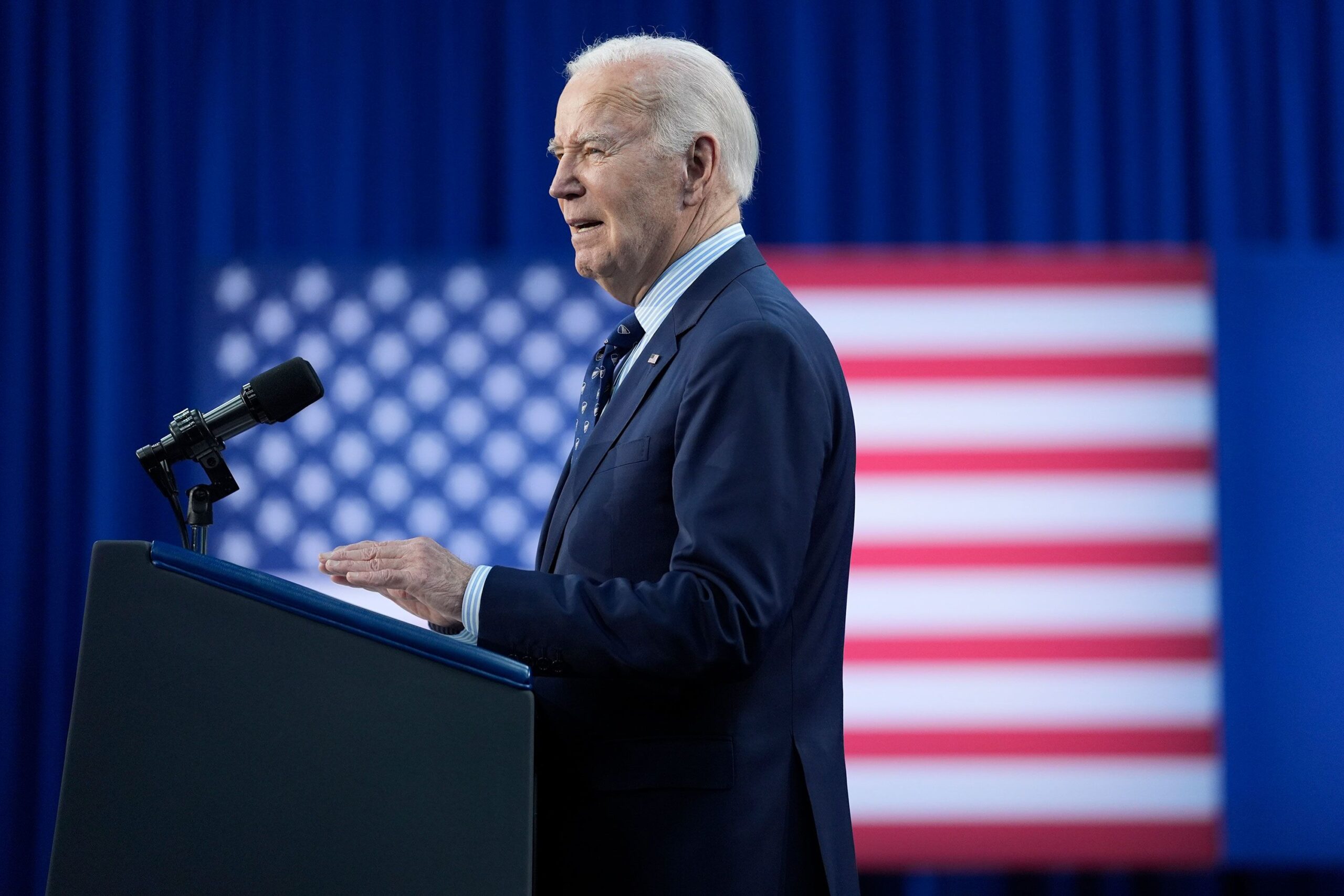 President Joe Biden delivers remarks on student loan debt at Madison College on April 8 in Madison,...