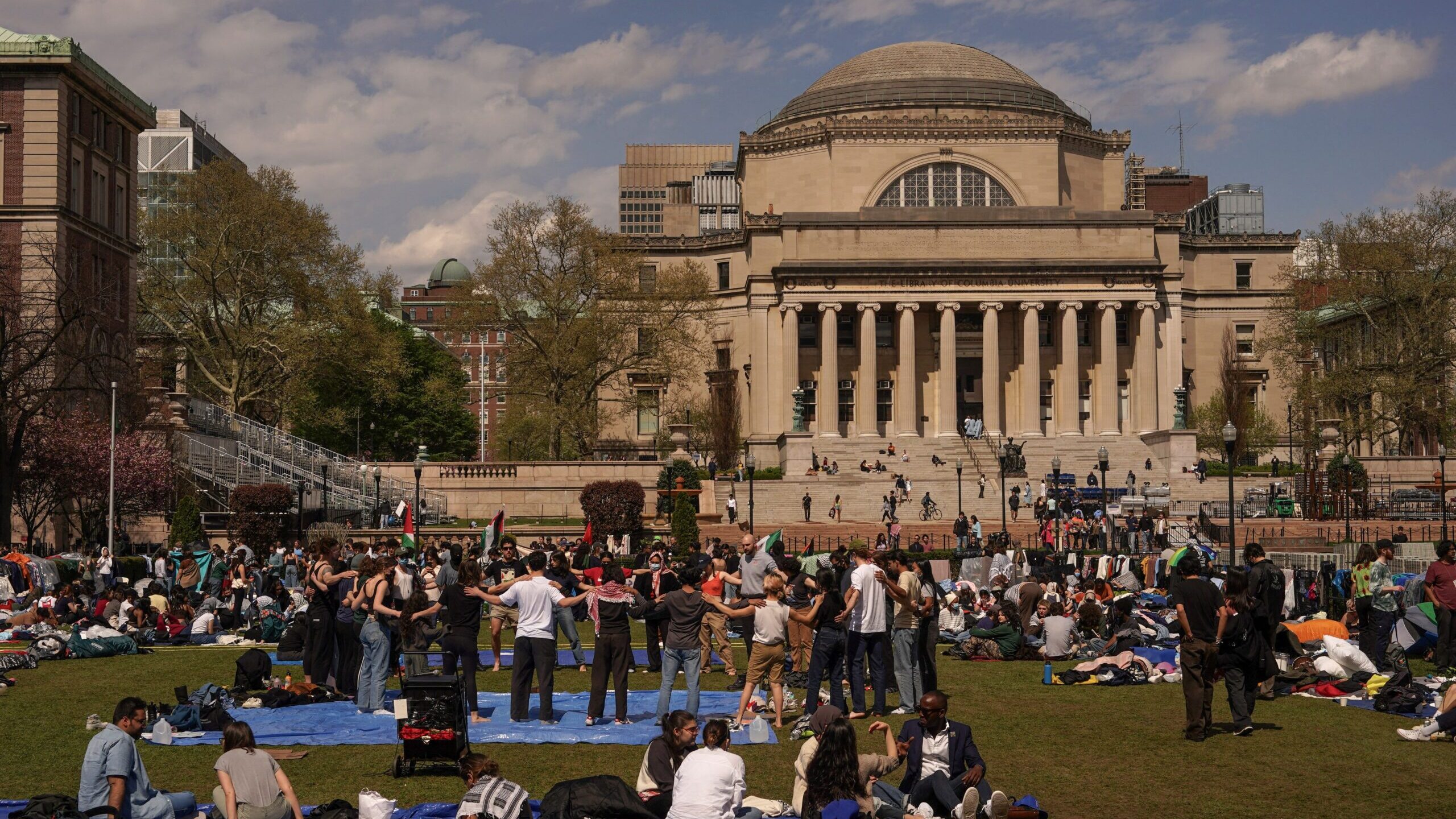 Columbia University students hold a protest in support of Palestinians, during the ongoing conflict...