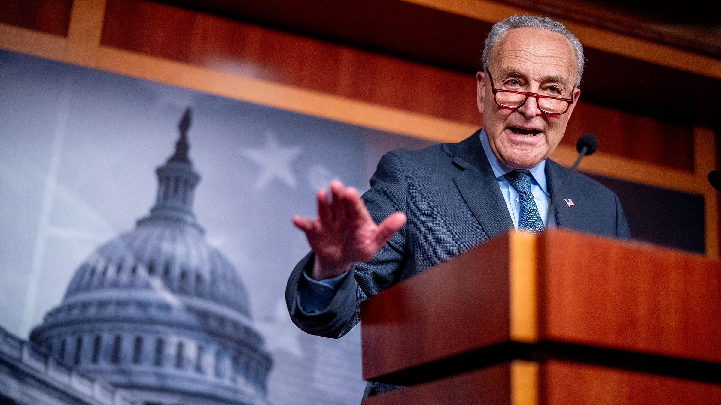 Senate Majority Leader Chuck Schumer speaks to reporters on Capitol Hill on April 17. The Senate wi...
